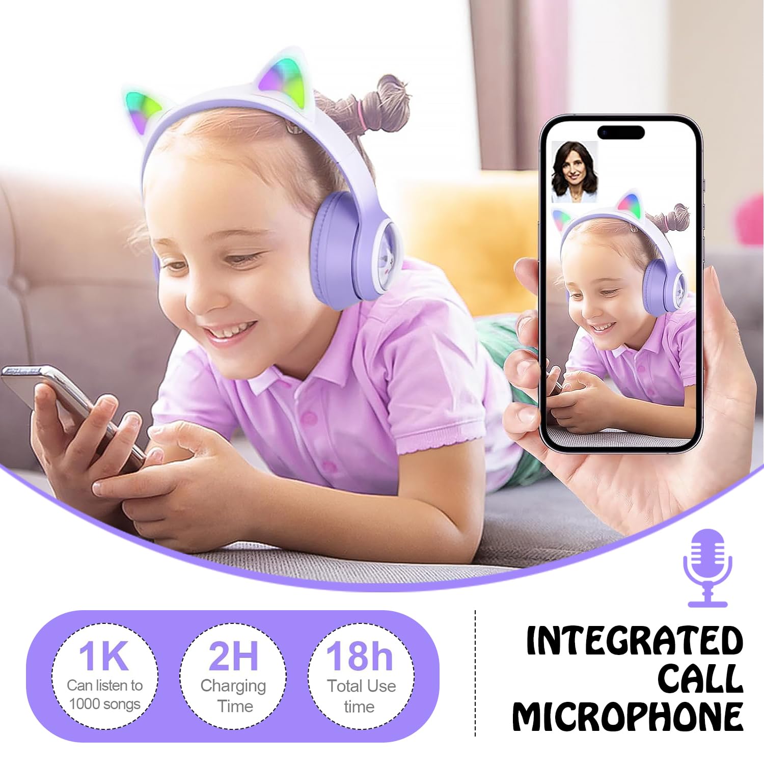 Wireless Cat Ear Headphones with RGB Lighting - Foldable On-Ear Stereo Bluetooth 5.3 Headset for Gaming, HD Mic, Compatible with Smartphones, PC & Tablet - Perfect for Cosplay, Streaming & Mobile Gaming