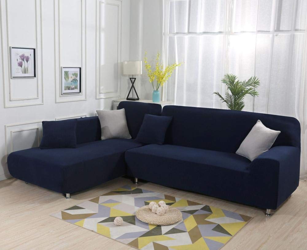 Premium L-Shaped Sectional Sofa Cover - Thick Velvet Pet-Friendly Couch Protector for Recliner & 1-4 Seat Couches, Universal Knit Design with Cushion Covers (Navy Blue) - Perfect for Living Rooms, Family Gatherings & Pet Owners