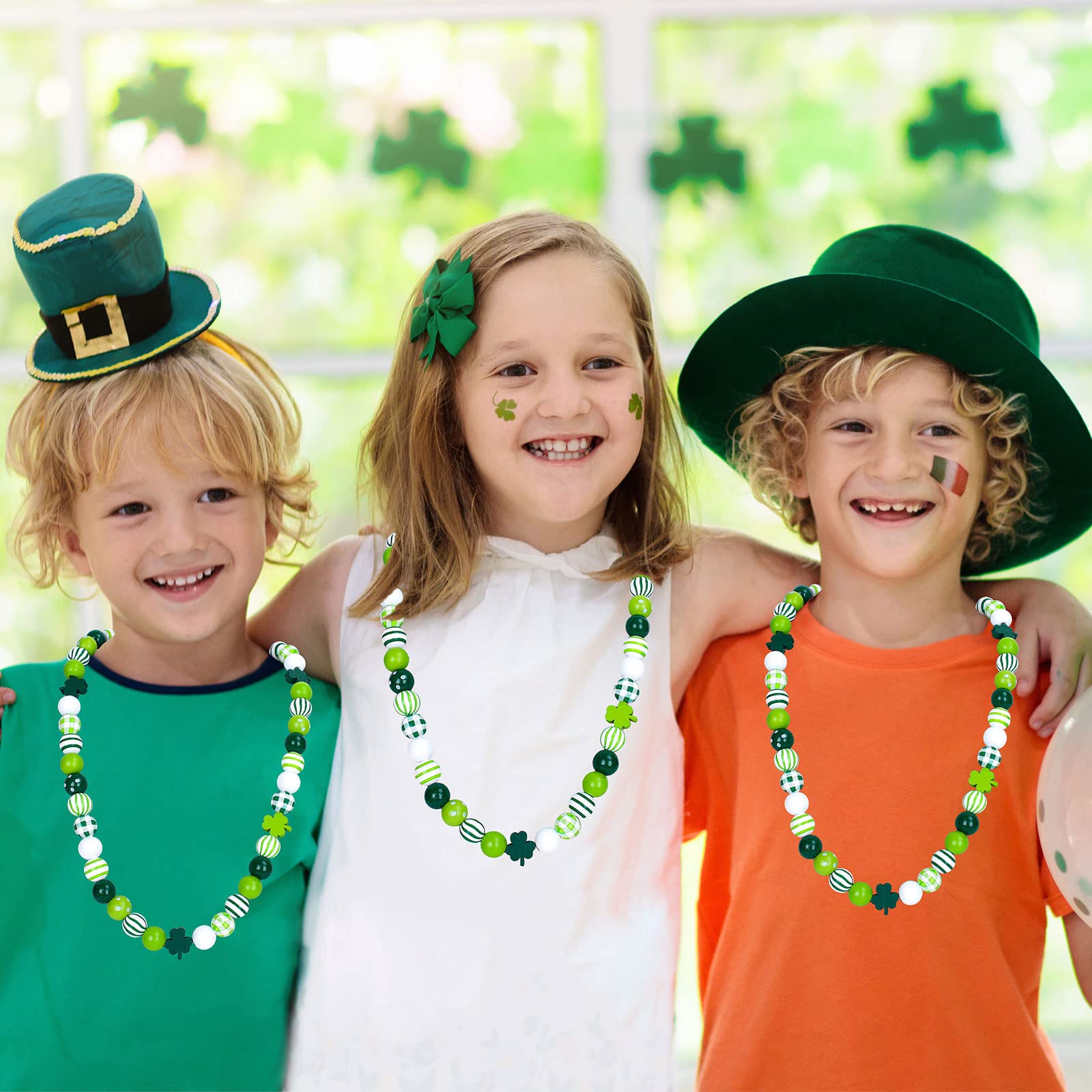 Whaline 220Pcs St. Patrick's Day Wood Beads - Green Shamrock, Round Shape, Plaids & Stripes Prints, Irish Style Assorted Craft Beads with Hemp Rope for DIY Necklace, Bracelet, Keychain & Bead Garland Making Supplies