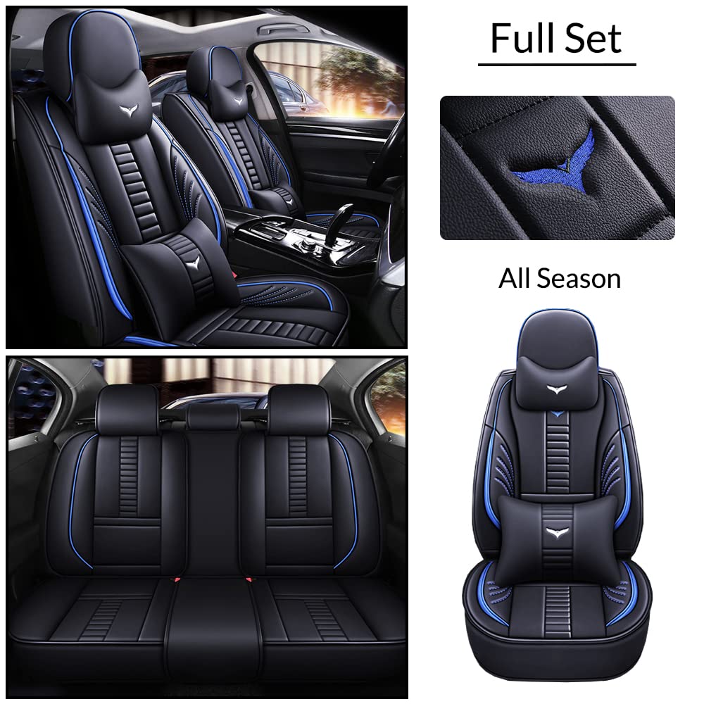 Universal Fit PU Leather Car Seat Covers Full Set for 2016 Chevy Cruze Limited - Black & Blue Stitching with Headrest & Lumbar Support - Perfect for Daily Commuting, Road Trips & Interior Protection