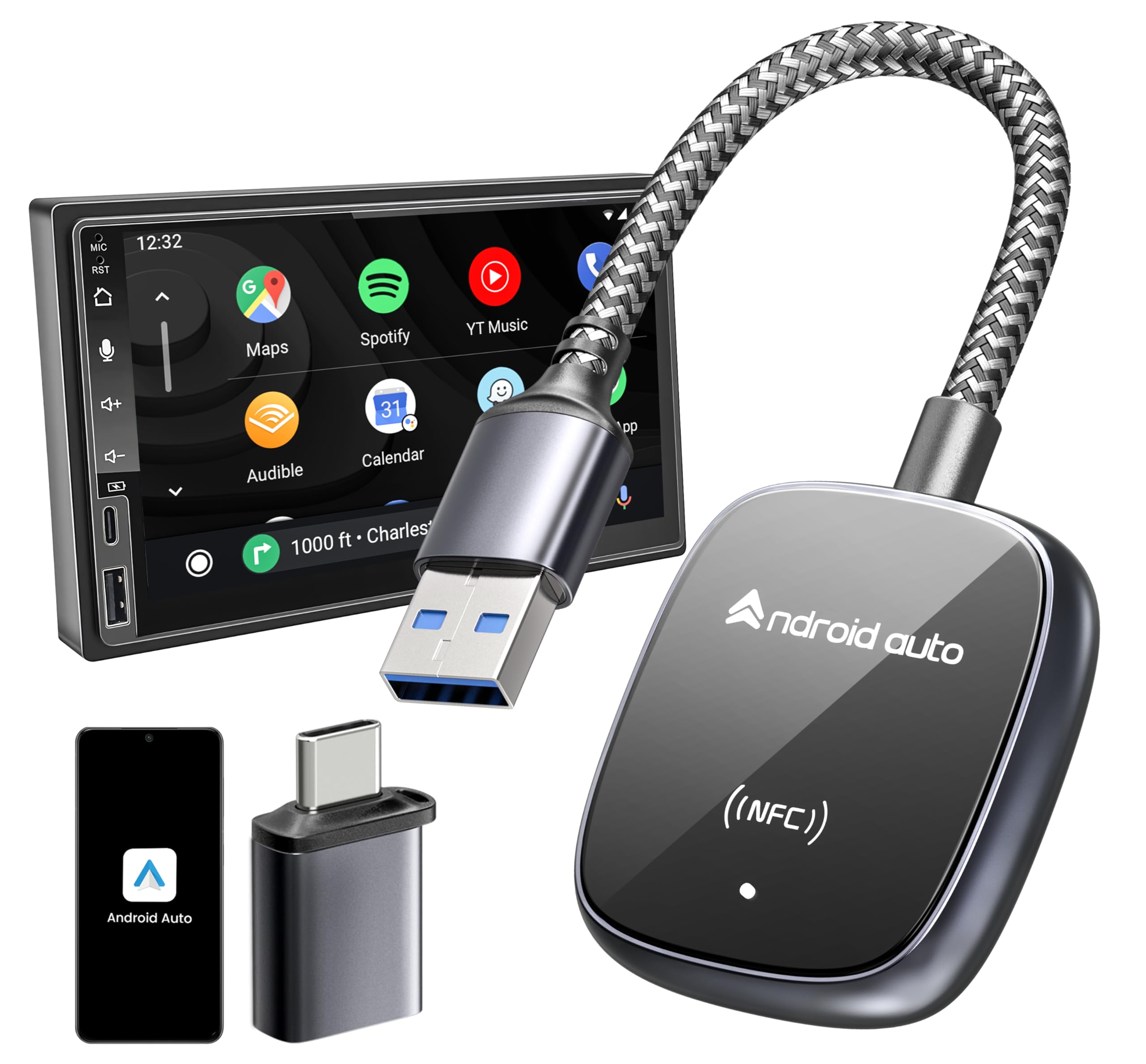 **2025 Upgraded Android Auto Wireless Adapter - NFC Tech, Ultra-Durable Wire, Latency-Free - USB-A/USB-C Aluminum Car Adapter for Android Phones (2015+ Cars) | Perfect for Hands-Free Driving & Seamless Music Streaming**