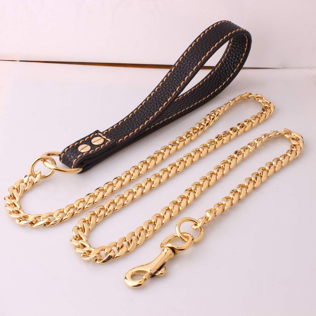 Premium Heavy Duty Dog Leash with Soft Padded Leather Handle & Gold Stainless Steel Chain - Strong Traction Rope for Small & Large Dogs - Perfect for Walking, Training & Outdoor Adventures