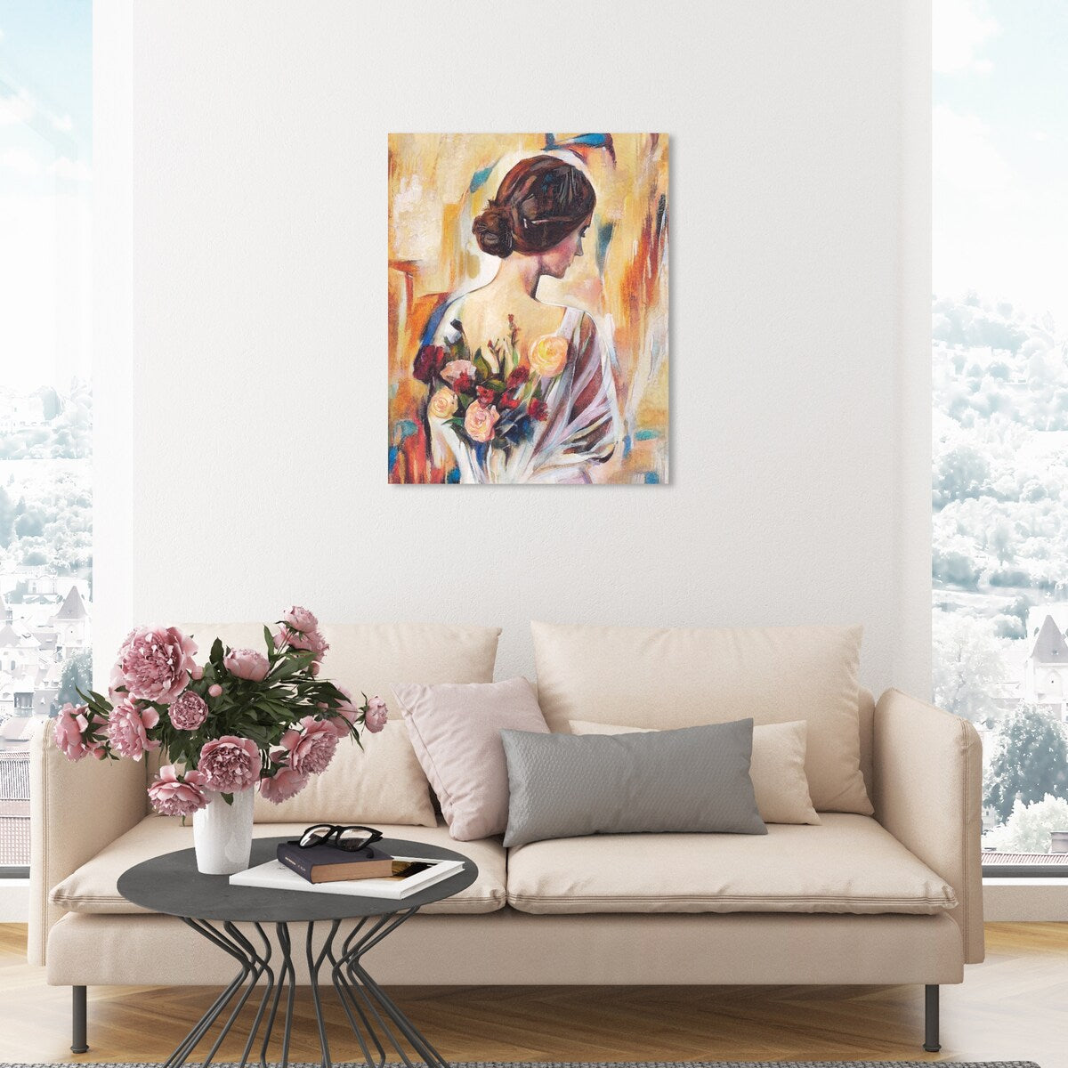Modern White Canvas Wall Art Print with Back and Flowers - Elegant Female Beauty Floral Decor for Bedroom, Living Room & Office