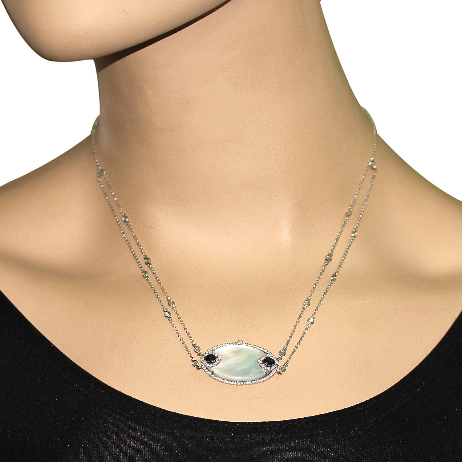 18K White Gold MOP Sapphire Diamond Princess Necklace for Women - Elegant Wedding & Anniversary Jewelry Gift - Perfect for Bridal, Engagement & Special Occasions