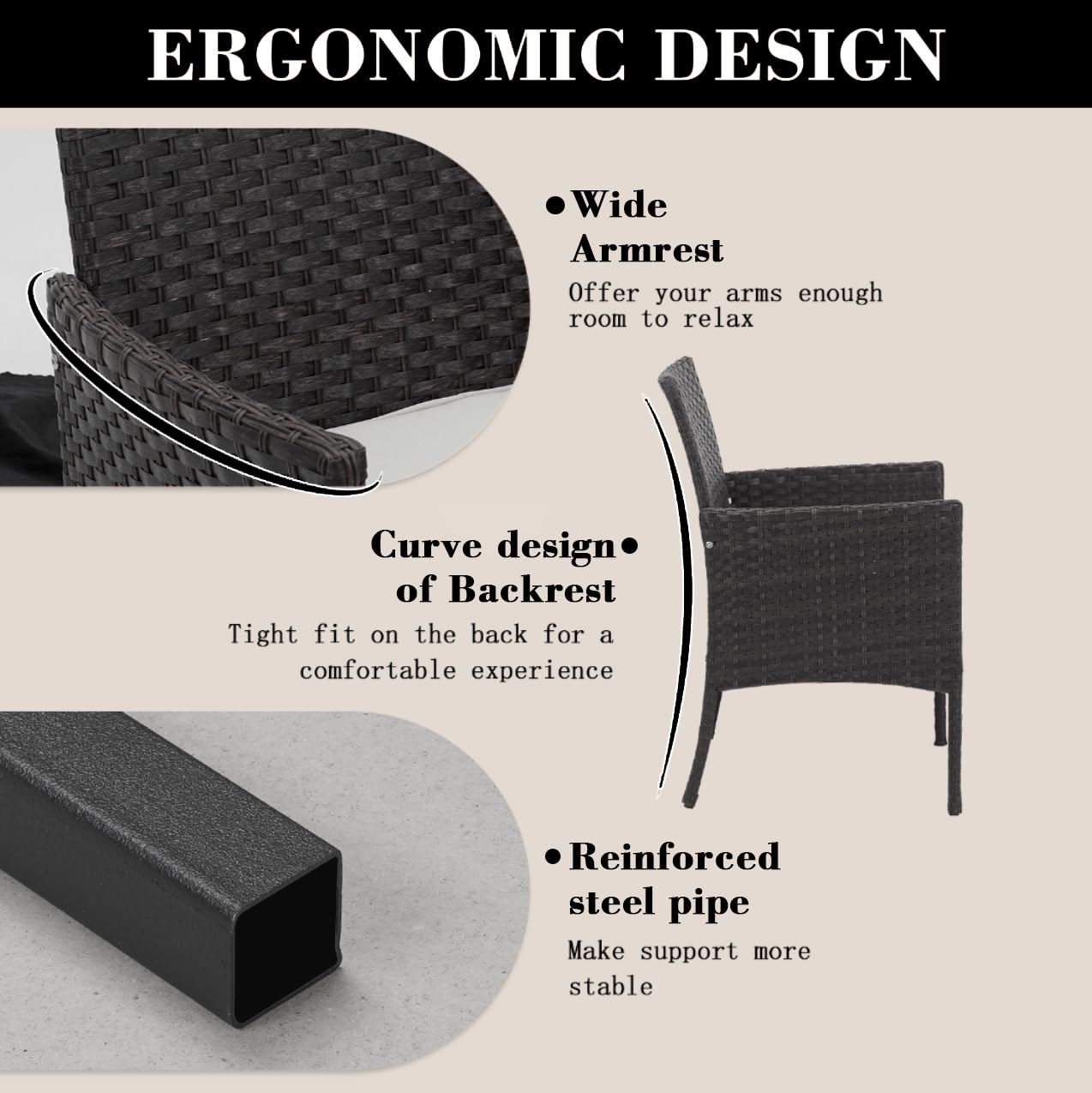 DIMAR GARDEN 3-Piece Outdoor Patio Furniture Set - Black Rattan Wicker Chairs with Coffee Table for Porch, Garden, Backyard & Poolside Relaxation