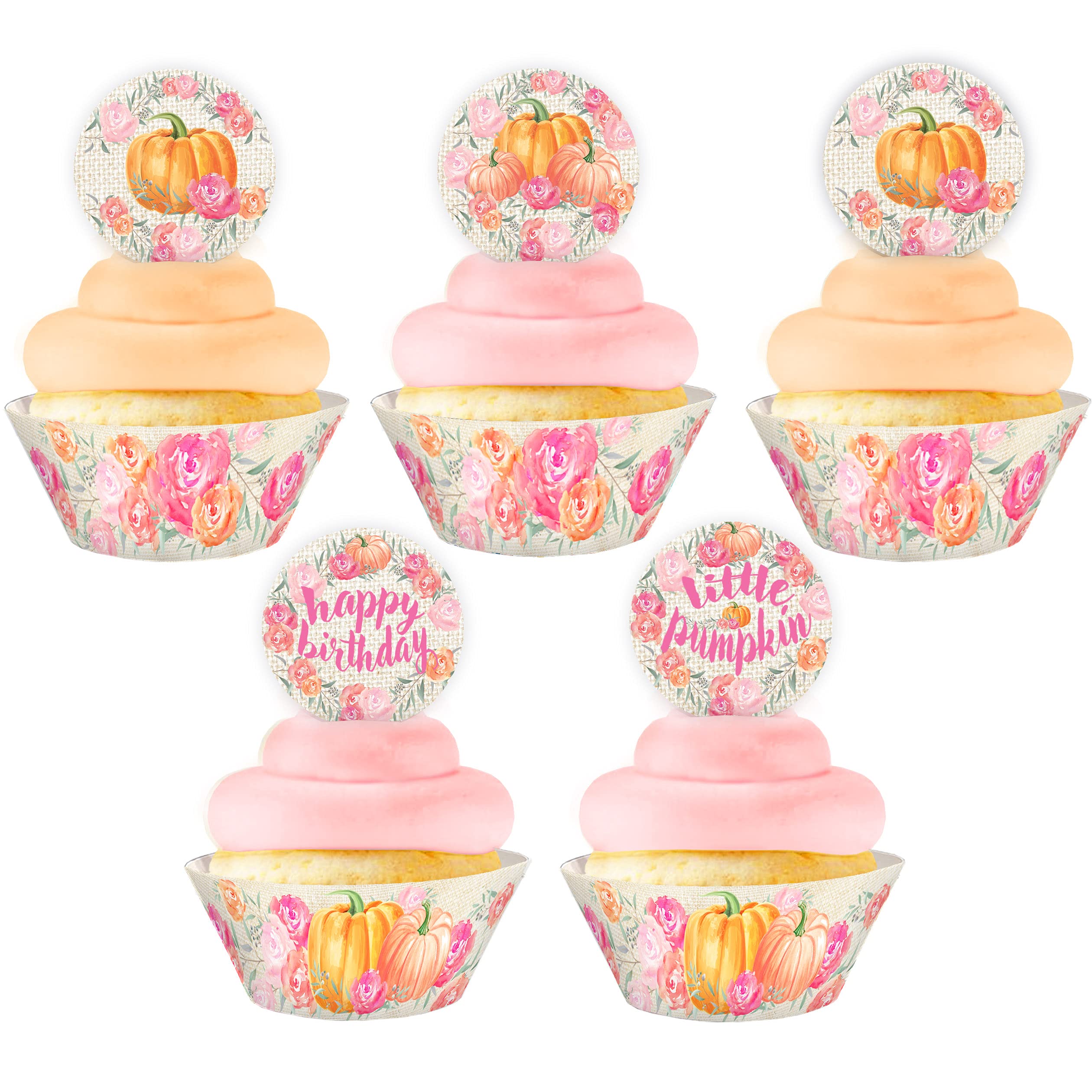 Little Pumpkin Cupcake Toppers & Wrappers Set - 24pcs Halloween & Fall Party Decorations - Perfect for Pumpkin Birthday, Baby Shower & Thanksgiving Dessert Decor