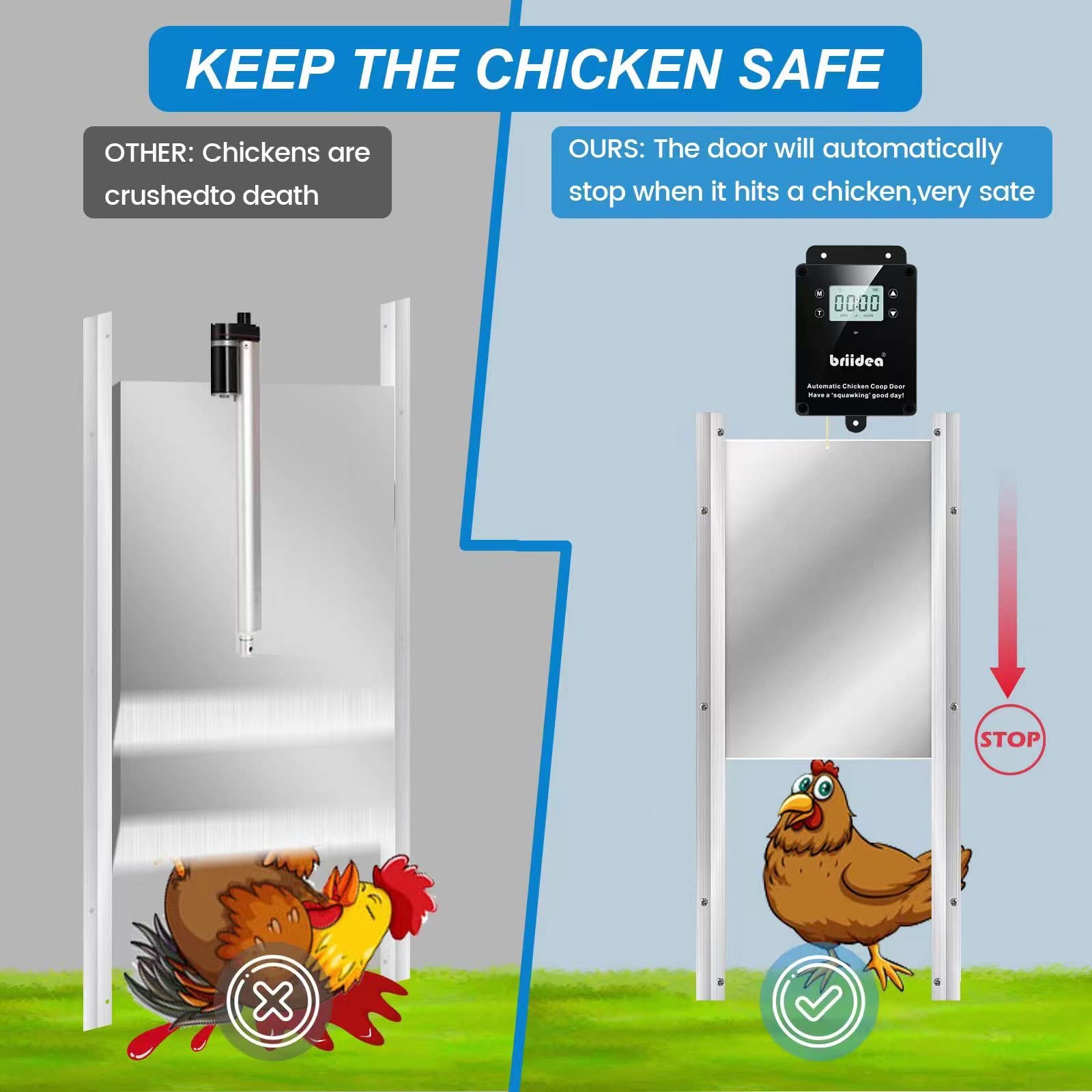 Briidea Automatic Chicken Coop Door - Waterproof Electric Auto Chicken Door Kit with Timer & Light Sensor, Battery Powered for Poultry Farm, Backyard Chicken Coops & DIY Chicken Houses