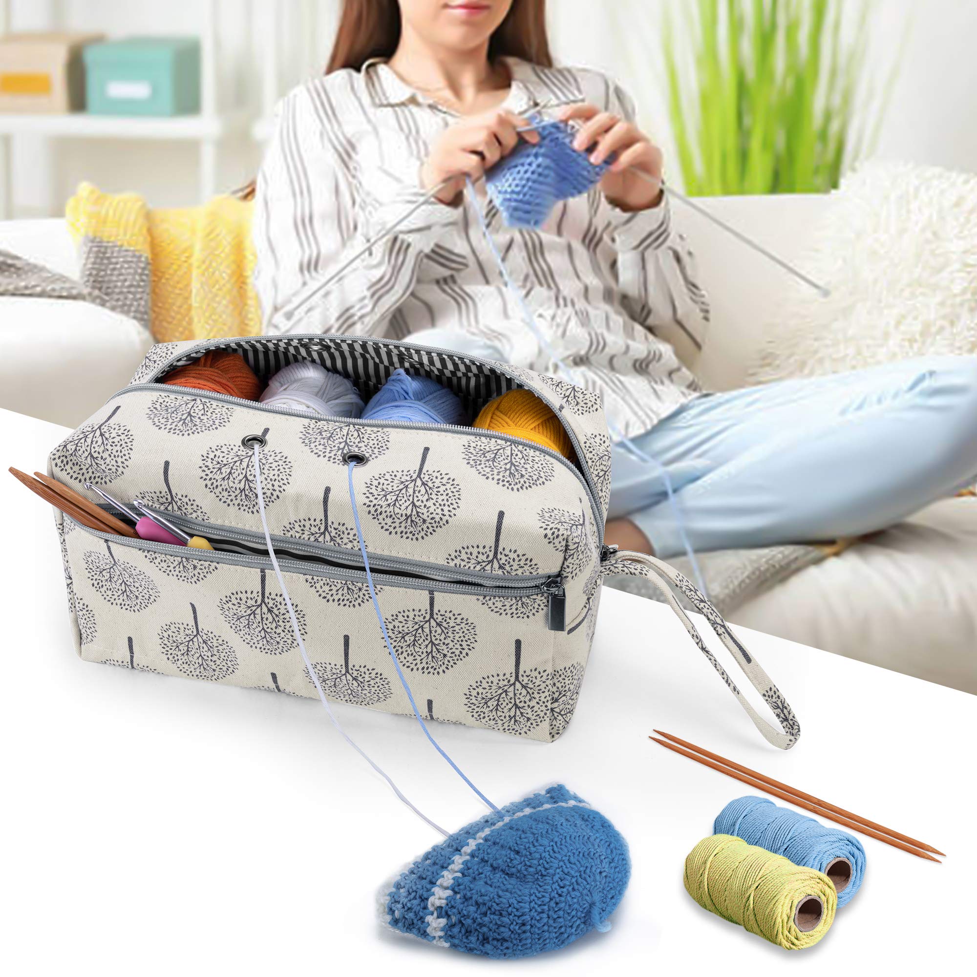 Luxja Large Yarn Storage Bag with Trees Print - Knitting Organizer for Yarn Skeins, Crochet Hooks & Needles up to 10 Inches - Perfect for Crafters, Knitters & Crochet Enthusiasts - Great for Home, Travel & DIY Projects