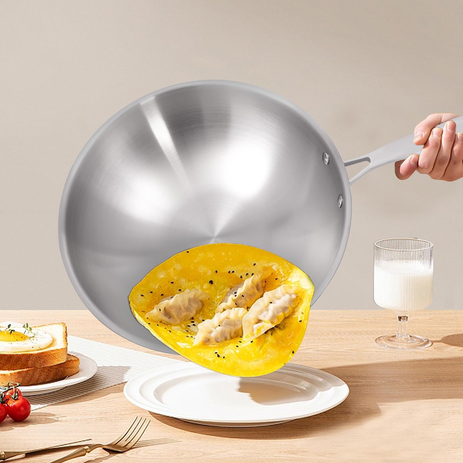 30cm Duoruameng Stainless Steel Induction Wok Pan with Tempered Glass Lid - Compatible with Gas & Induction, Easy to Clean - Perfect for Stir-Frying, Sautéing & Asian Cooking