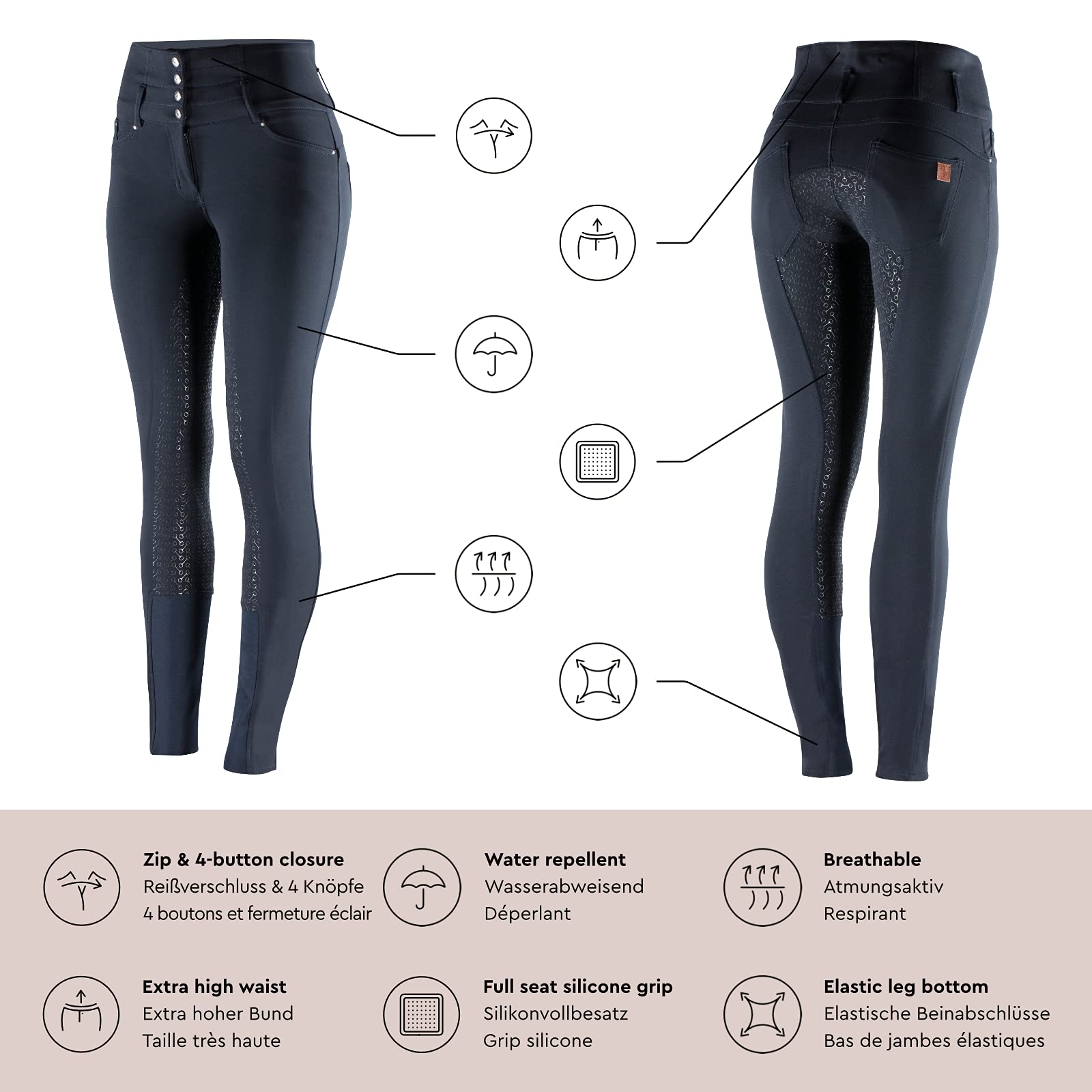 HORZE Women's Tara Full Seat Silicone Grip Breeches - Stretchable High Waist Equestrian Riding Pants with 4 Pockets for Horseback Riding & Show Jumping