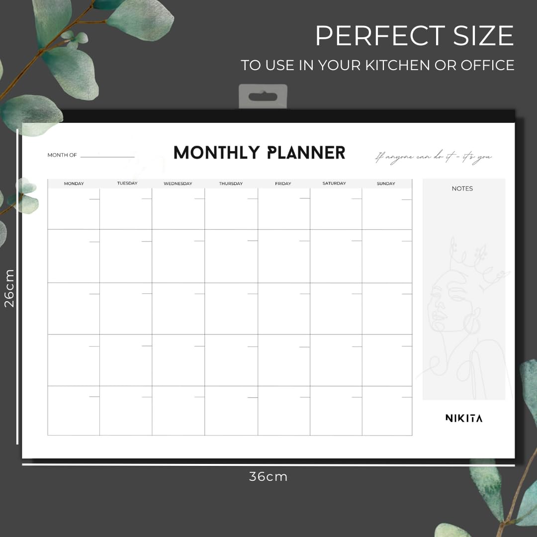 NIKITA Monthly Planner Pad - Undated A3 Wall Calendar (36 x 26cm) - 50 Tear-Off Sheets - Black & White Design - Home & Office Organization - Perfect for Family Planning, Work Schedules, and School Reminders