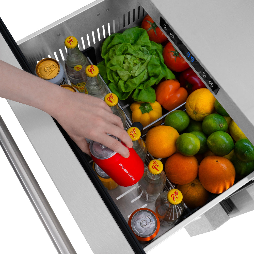 ZLINE 24 Inch Stainless Steel Outdoor Refrigerator Drawer - 168 Can Capacity, Dual Zone Cooling, Touchstone Series (RDSO SN 24) - Perfect for Outdoor Kitchens, Patios, and Entertaining Areas