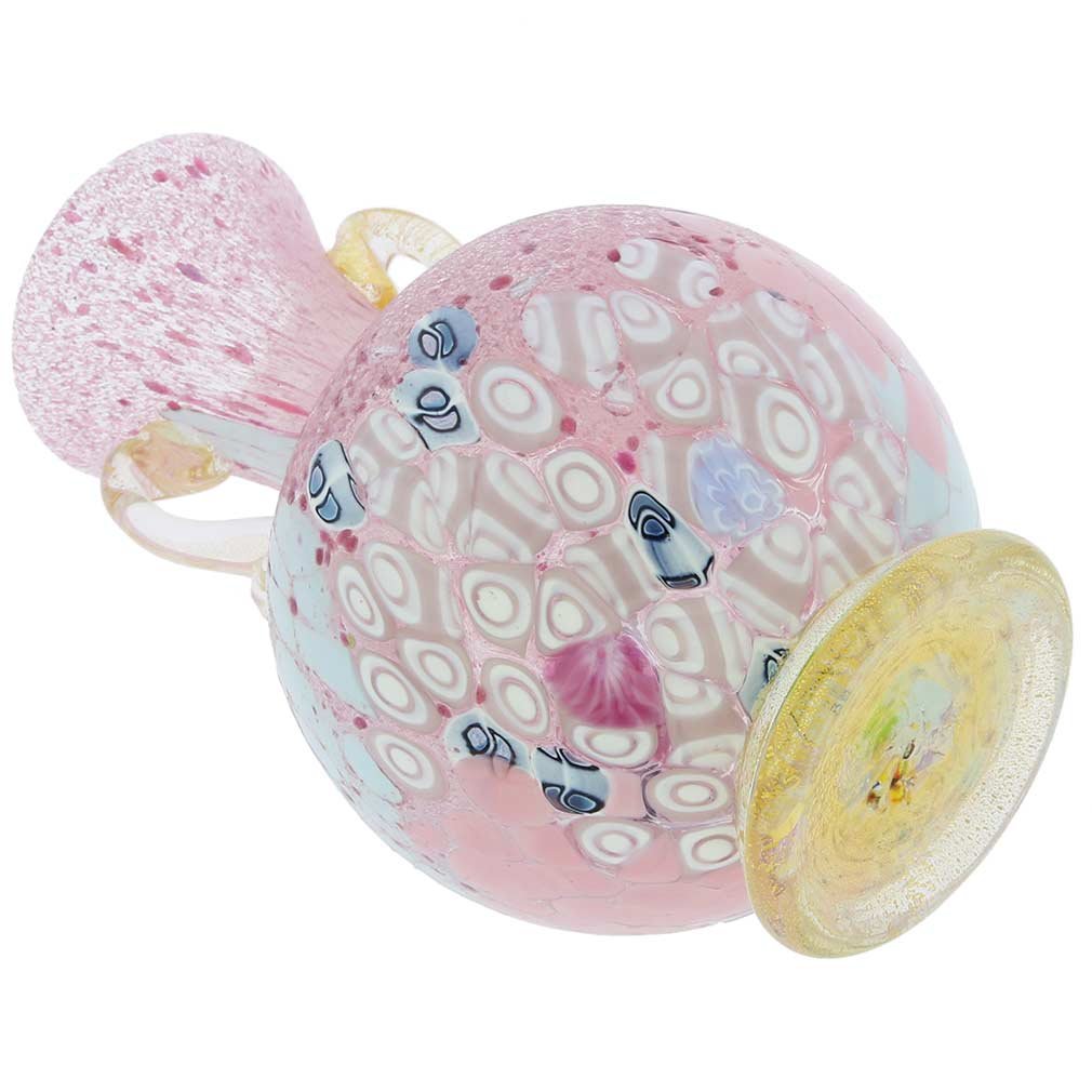Venetian Murano Glass Millefiori Vase with 24K Gold Handles - Handcrafted Rose Design Italian Art Glass Vase for Home Decor, Wedding Centerpiece & Luxury Gift
