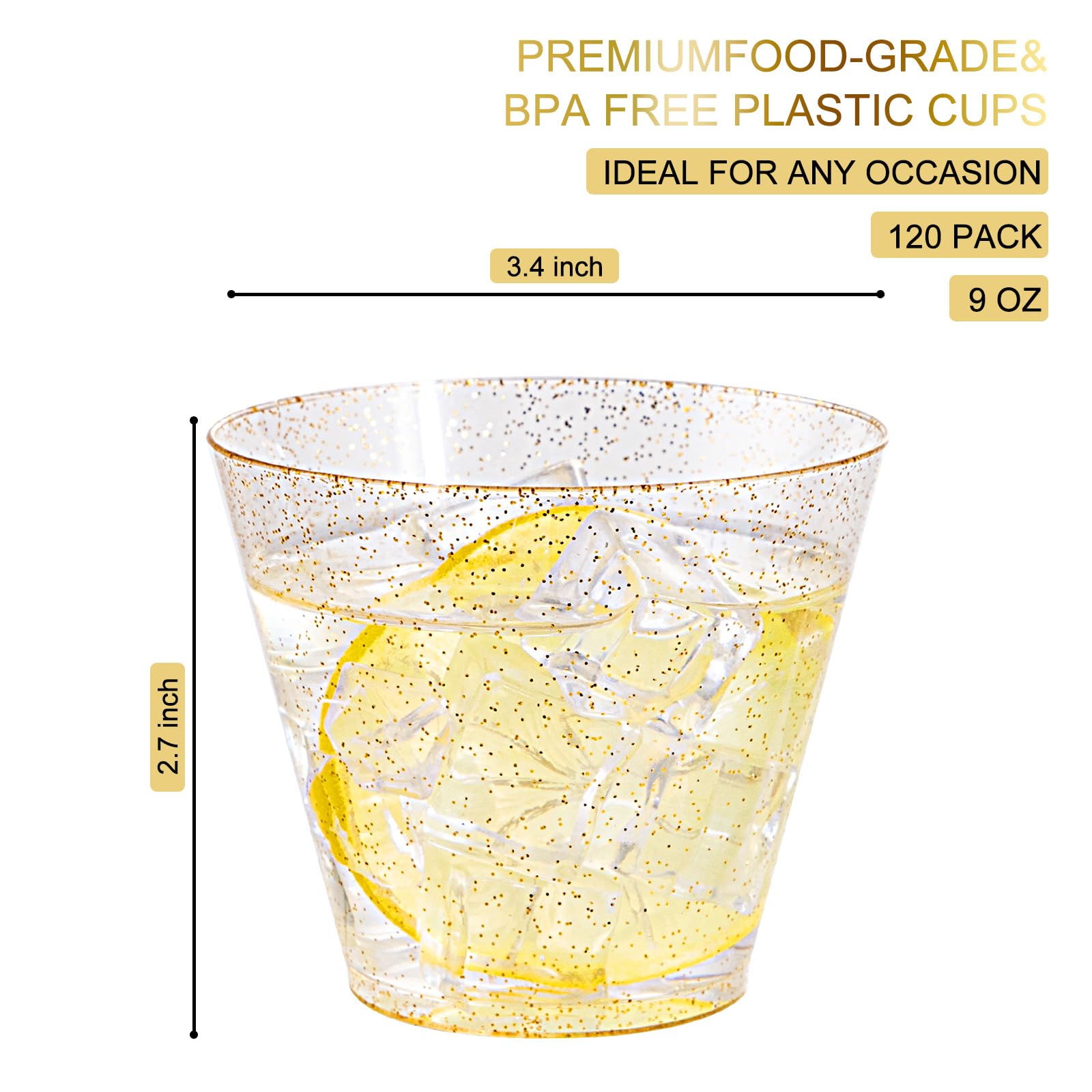 120-Pack Gold Glitter Plastic Cups - 9oz Heavy Duty Disposable Party Cups for Wedding, Thanksgiving, Birthday, Halloween & Christmas Celebrations - Perfect for Cocktails, Punch, Soda and Beverage Serving at Events