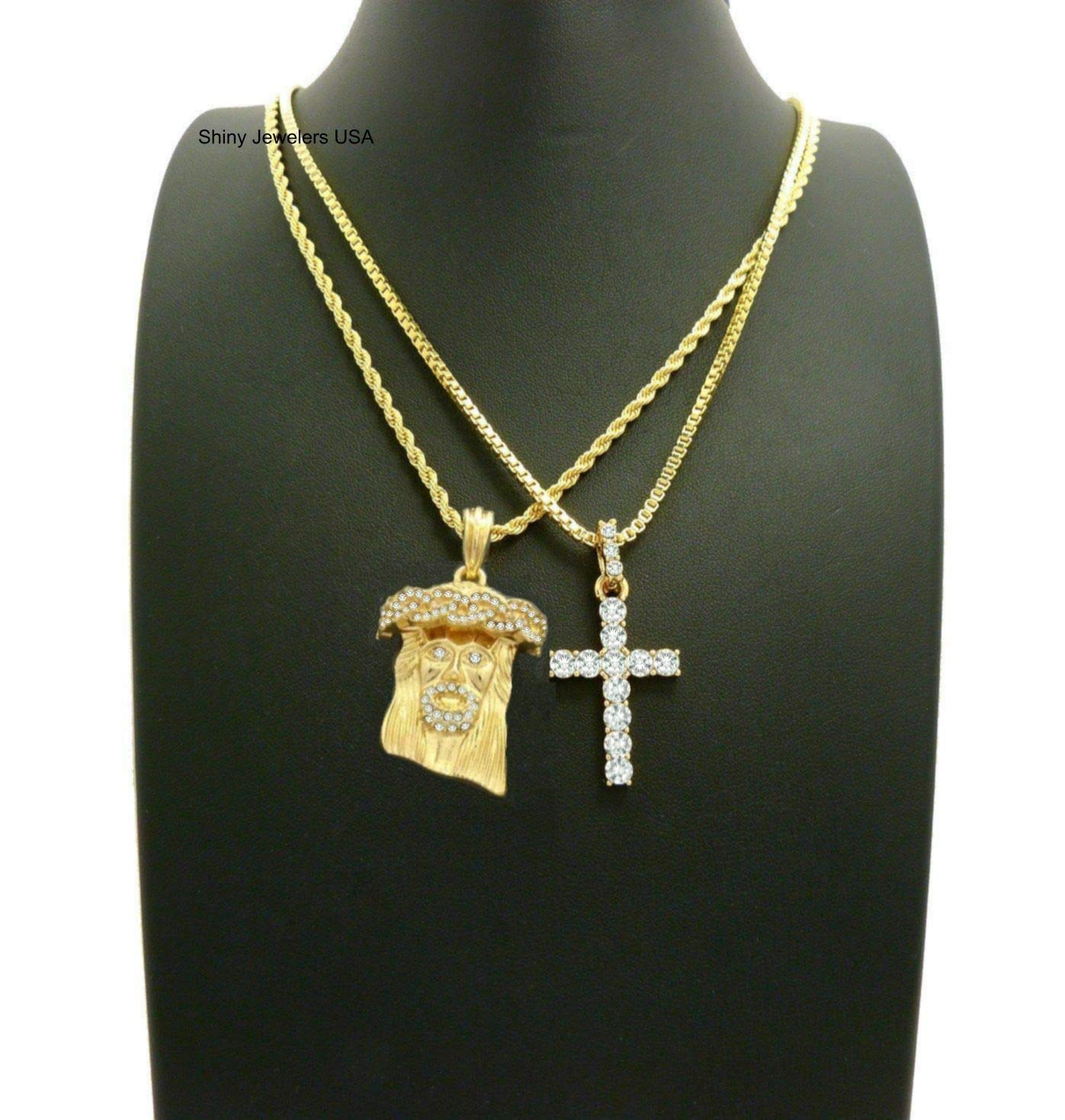 ICED Out Gold Jesus & GOD Micro Cross Pendant Necklace Set - 2PCS Hip Hop Box Chain Rope for Men | Perfect for Gifts, Streetwear & Religious Jewelry