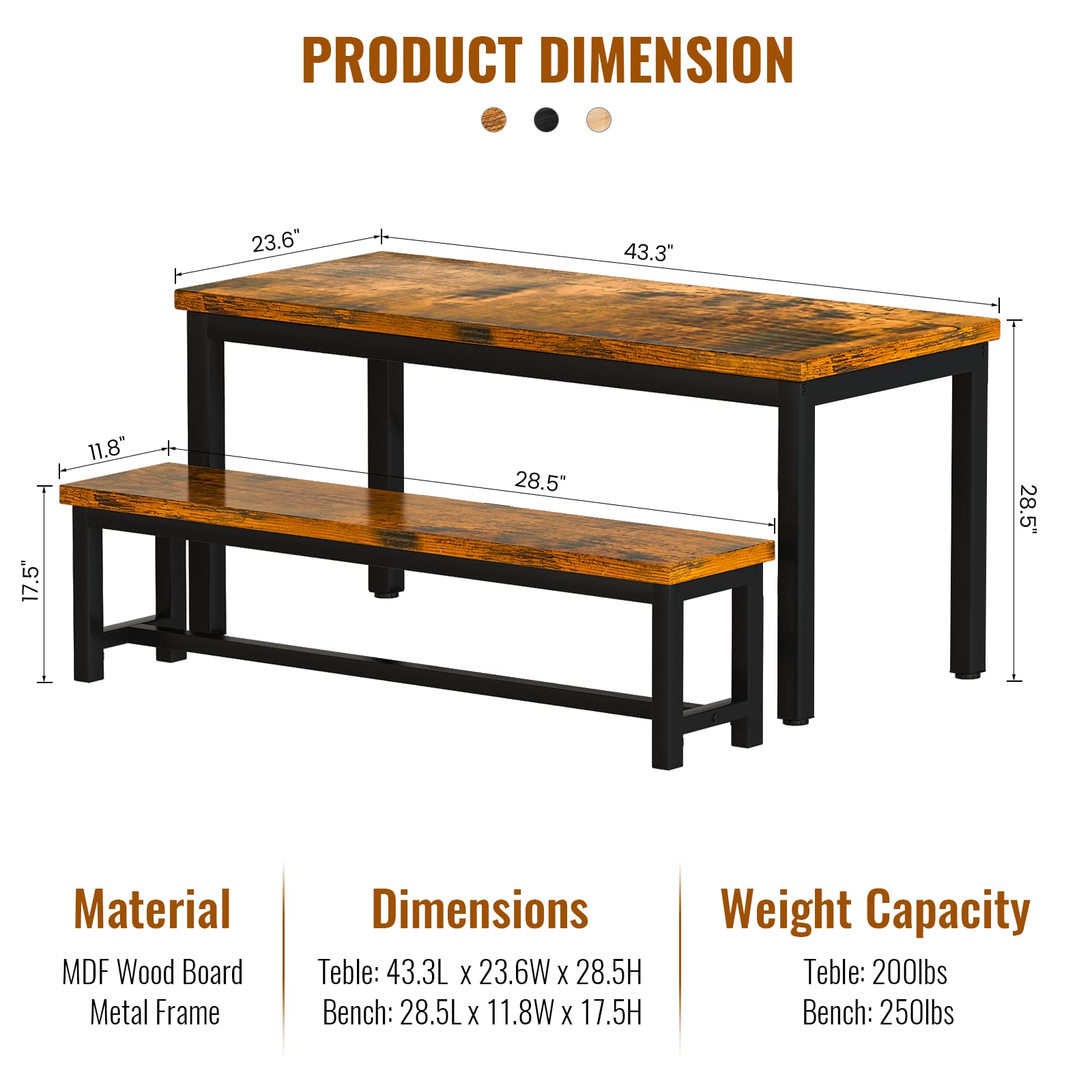 Lamerge 4-Person Kitchen Dining Table Set with 2 Benches - Rustic Brown Space Saving Design 43.3