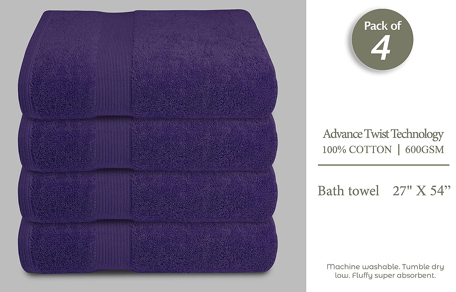 Softolle 100% Cotton Luxury Bath Towels Set of 4 - Super Soft & Highly Absorbent 27x54 Inch Bathroom Towels - Eco-Friendly, Quick-Drying for Spa, Gym, Pool & Beach Use (Purple)
