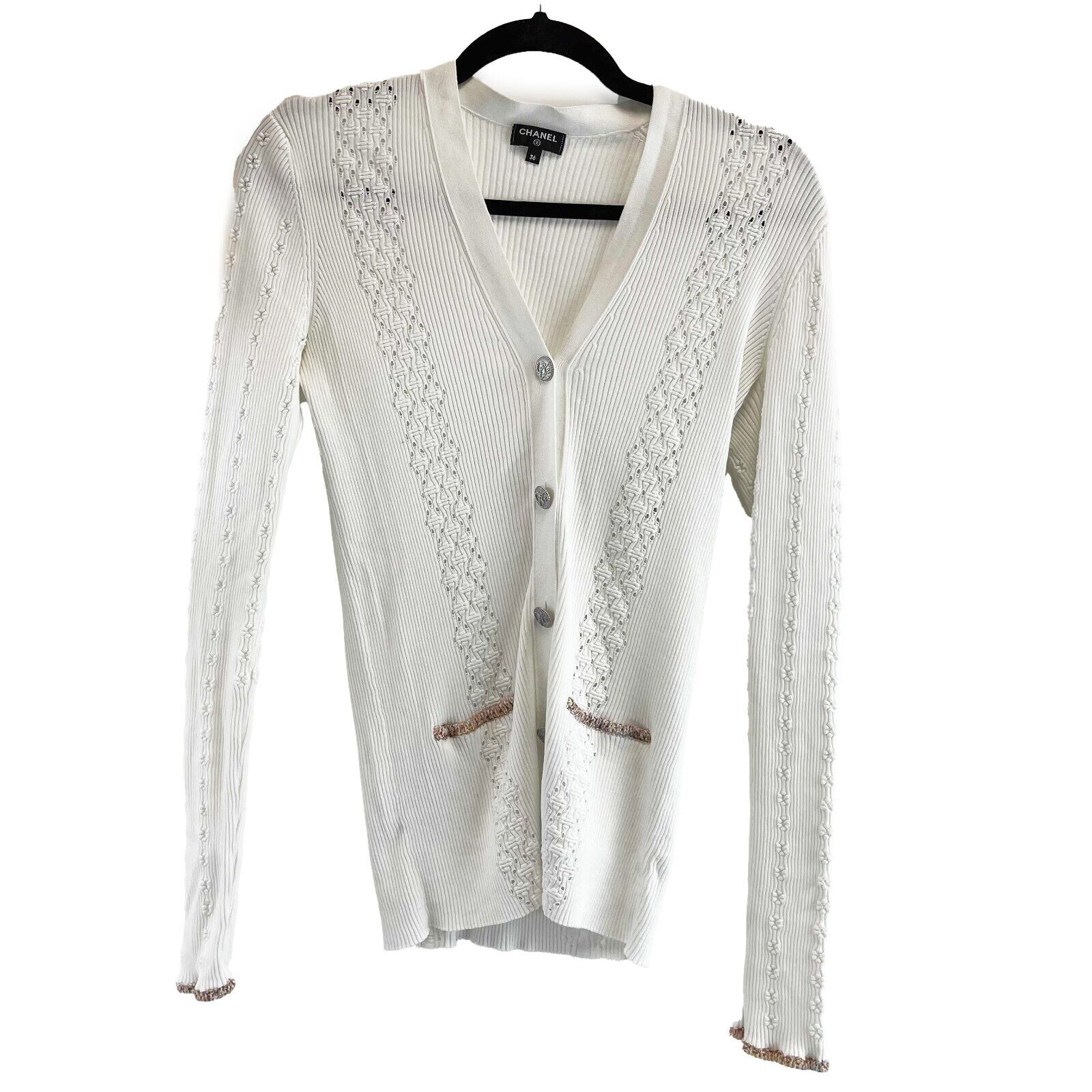 Chanel 17C White Cashmere Cardigan Sweater - Women's Size US 4 (EU 36) - Luxury Knitwear for Fall & Winter - Perfect for Office, Parties and Casual Outings