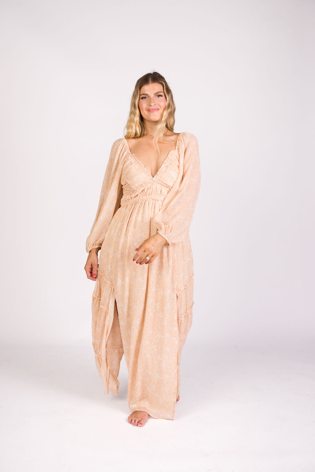 Daphne Long Sleeve Maxi Dress - Light Beige/White Floral Print | Bump Friendly Maternity & Inclusive Sizing (XS-3XL) | Perfect for Pregnancy, Weddings & Special Occasions