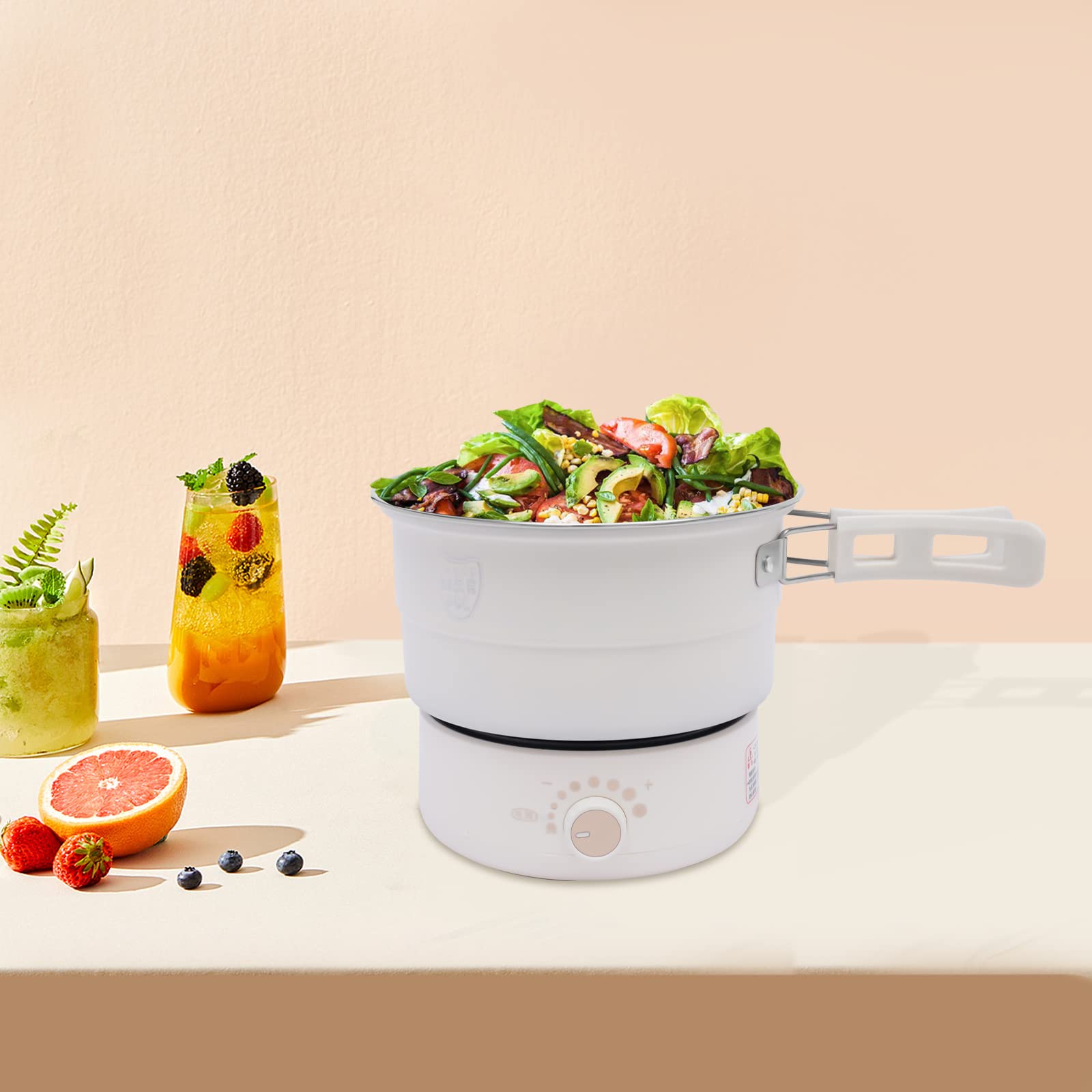 Portable Electric Mini Hot Pot with Foldable Handles - Non-Stick Multi-Functional Cooker for Ramen, Pasta, Oatmeal, Soup & Steak - Adjustable Temperature (1-2 Person) - Perfect for Dorm, Office, Travel & Small Kitchen (White)