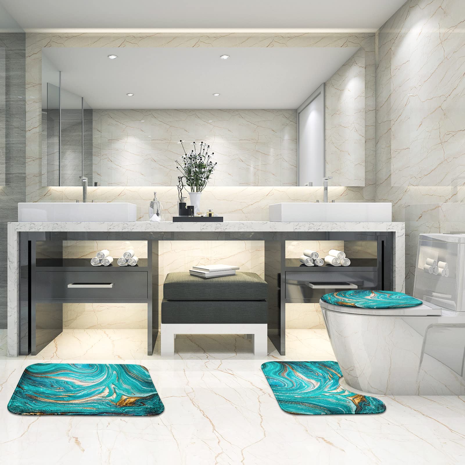 Britimes Turquoise Bathroom Rug Set of 3 - Non-Slip Washable Teal Bath Mats with Green Marble Ripple Design for Bathroom, Kitchen & Bedroom Floor Decor - Soft & Absorbent for Shower, Vanity & Entryway