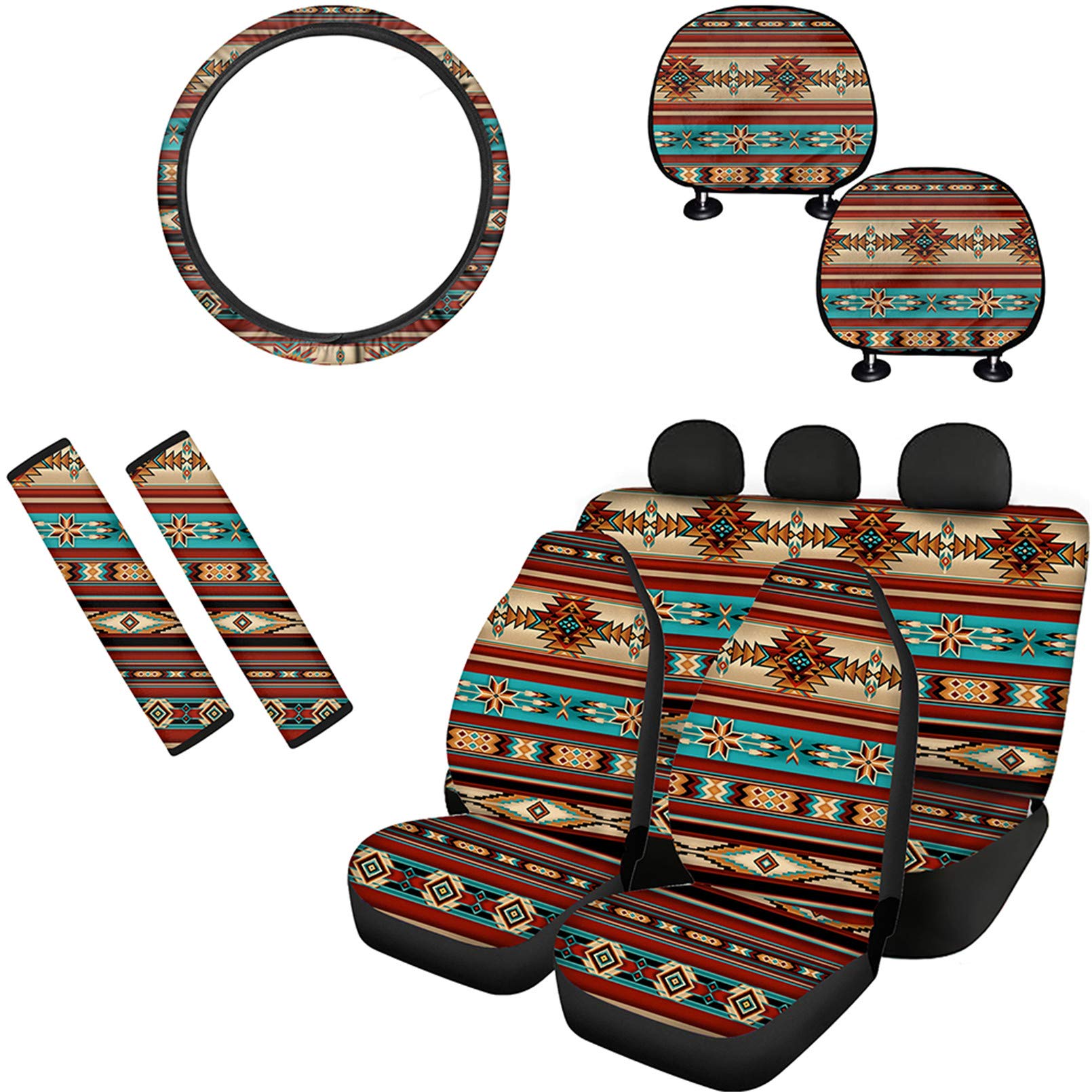 Babrukda 9-Piece African Tribal Aztec Print Car Interior Accessories Set - Front & Rear Seat Covers, Steering Wheel Cover, Seat Belt Pads, Headrest Covers for Sedan SUV Van | Boho Car Decor, Road Trip Essentials, Gift for Car Lovers