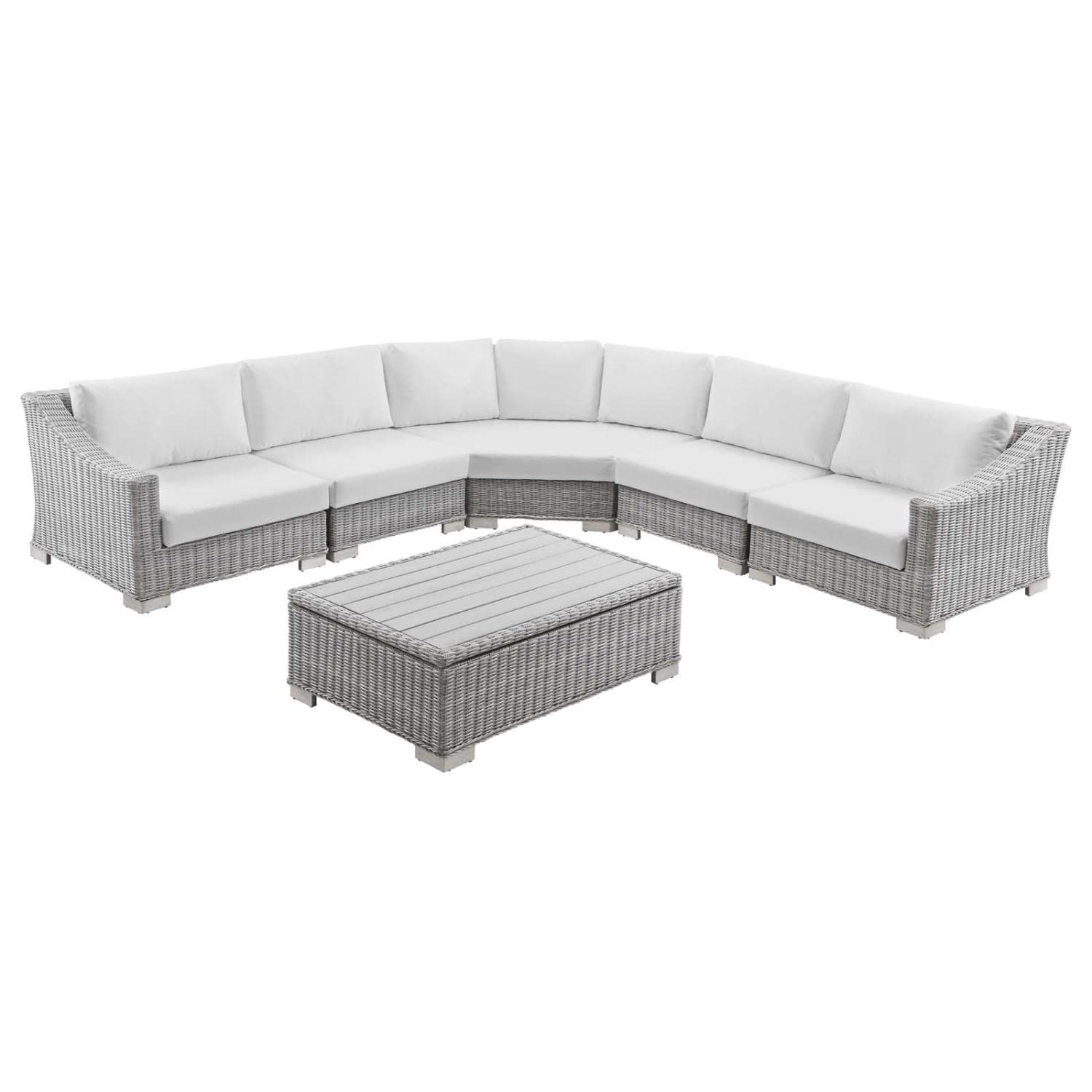 Modway Conway 6-Piece Outdoor Patio Sectional Sofa Set - Light Gray White Wicker Rattan Furniture for Garden, Poolside & Backyard Relaxation