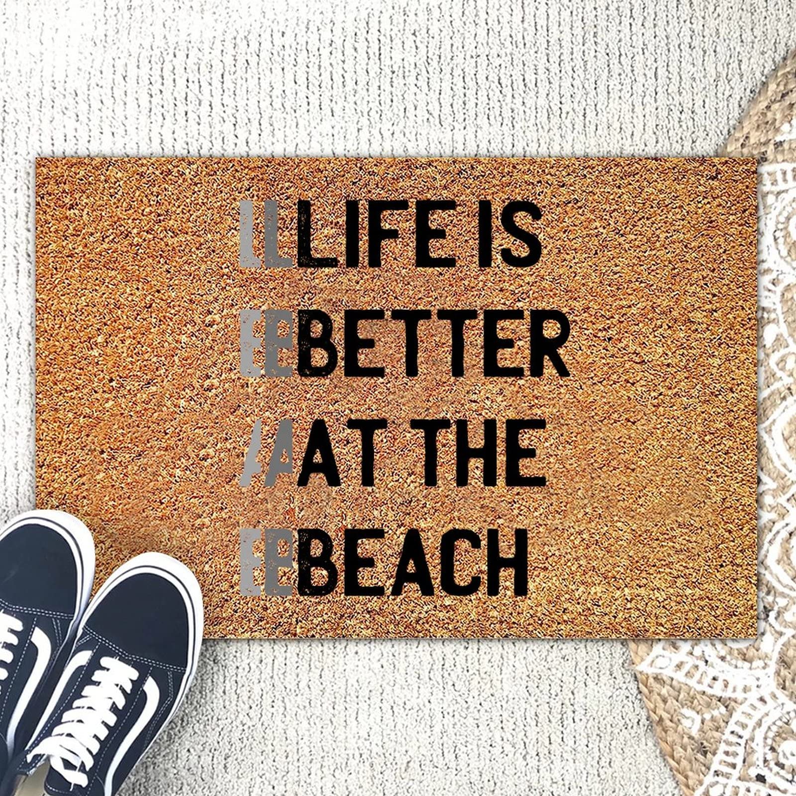 Life is Better at The Beach Coir Doormat 16x24 Inches - Natural Coconut Fiber Entryway Mat with Inspirational Quote, Retro Style for Front Door, Porch, Patio & Beach House Decor - Perfect Housewarming Gift