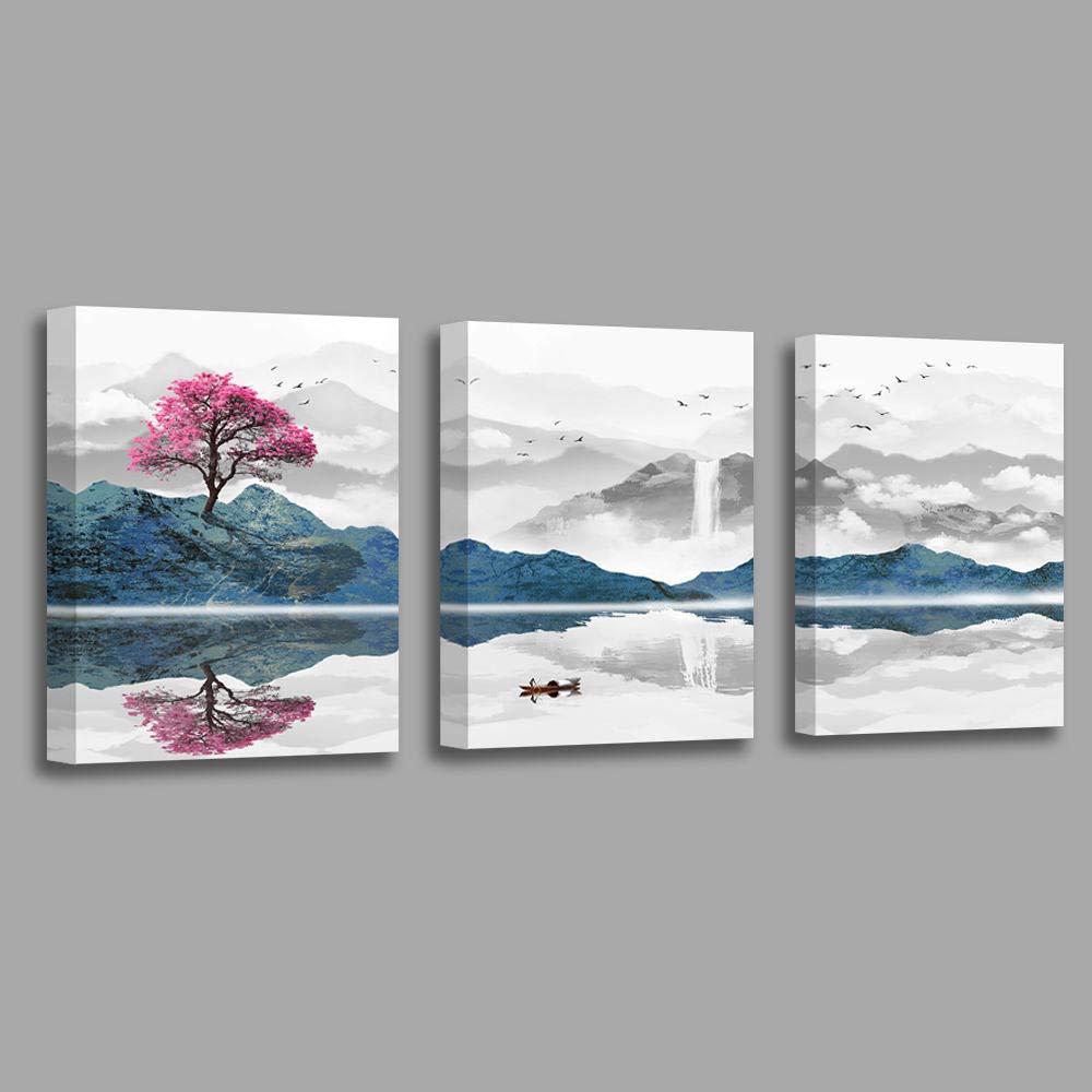Blue Nature Canvas Wall Art - 3 Piece Framed Picture of Pink Tree, Grey Mountain & White Cloud Lake Scene for Bathroom, Bedroom, Living Room & Office Decor | Perfect Gift for Housewarming & Guest Room Wall Decoration