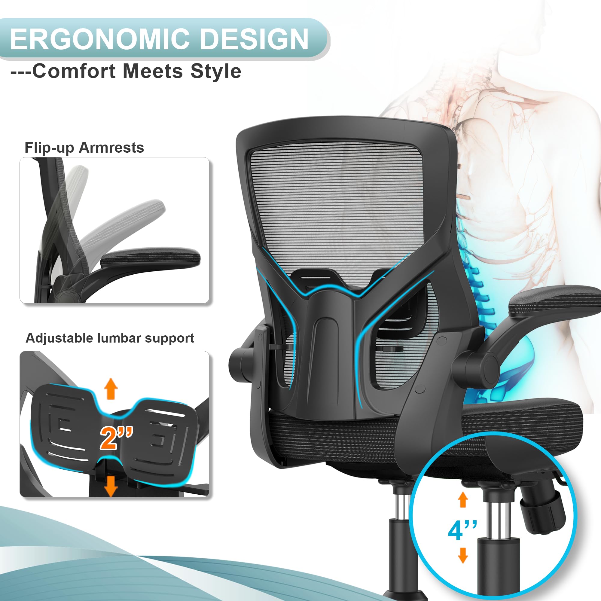 Ergonomic Office Chair with Adjustable Height, High Back & Lumbar Support - Home & Executive Desk Chair with Flip-Up Armrests & Swivel Base - Perfect for Long Work Hours, Gaming & Remote Work Setup