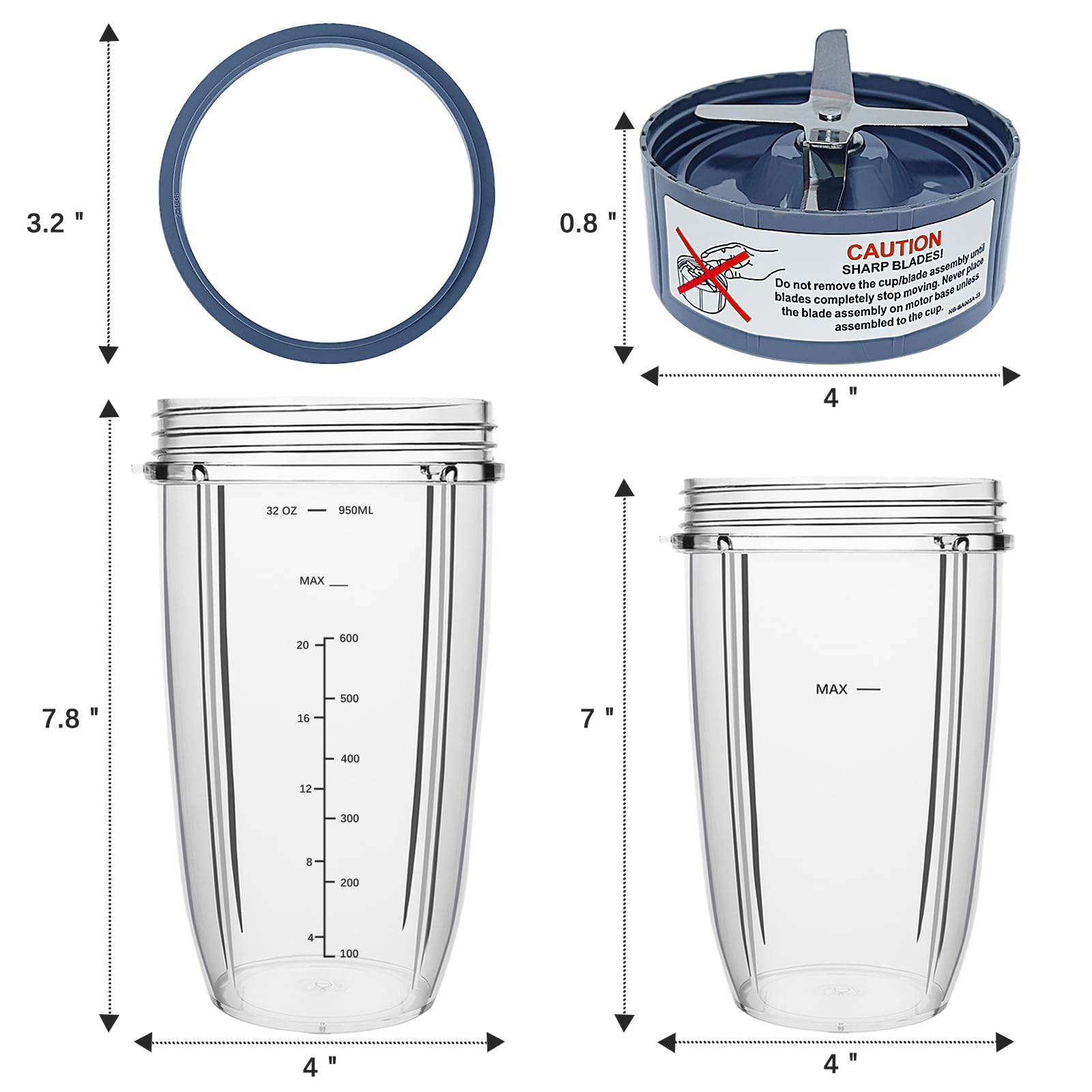 Nutribullet Blender Replacement Parts - 32oz & 24oz Cups with Extractor Blade - Compatible with Nutri Bullet 600W/900W Pro Blenders (3 PCS) - Perfect for Smoothies, Juicing & Food Prep at Home