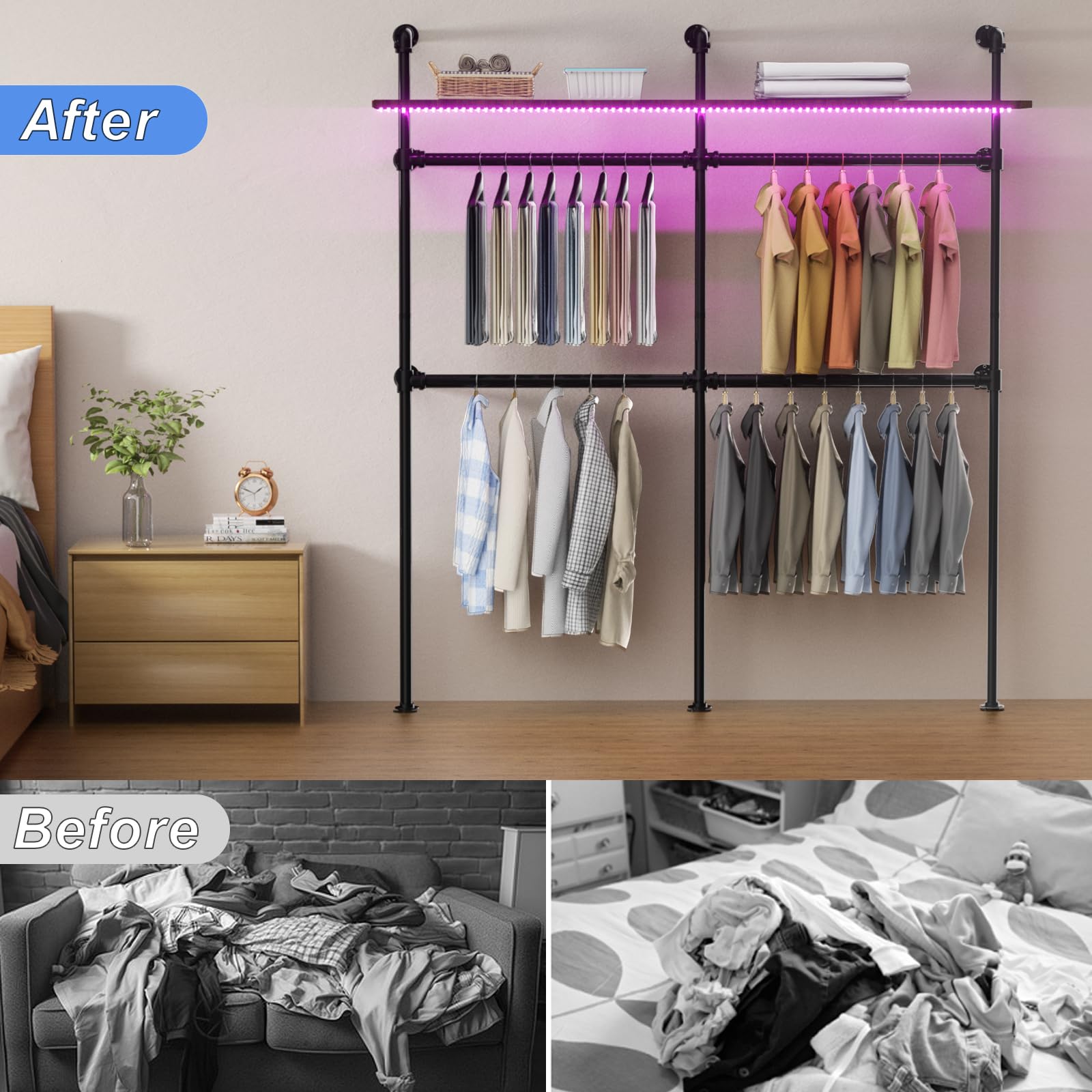 ROOMTEC Heavy Duty Industrial Pipe Clothing Rack - Wall Mounted Garment Rack with LED Lights & Shelves, Walk-in Closet System for Home, Office, or Retail Store Organization