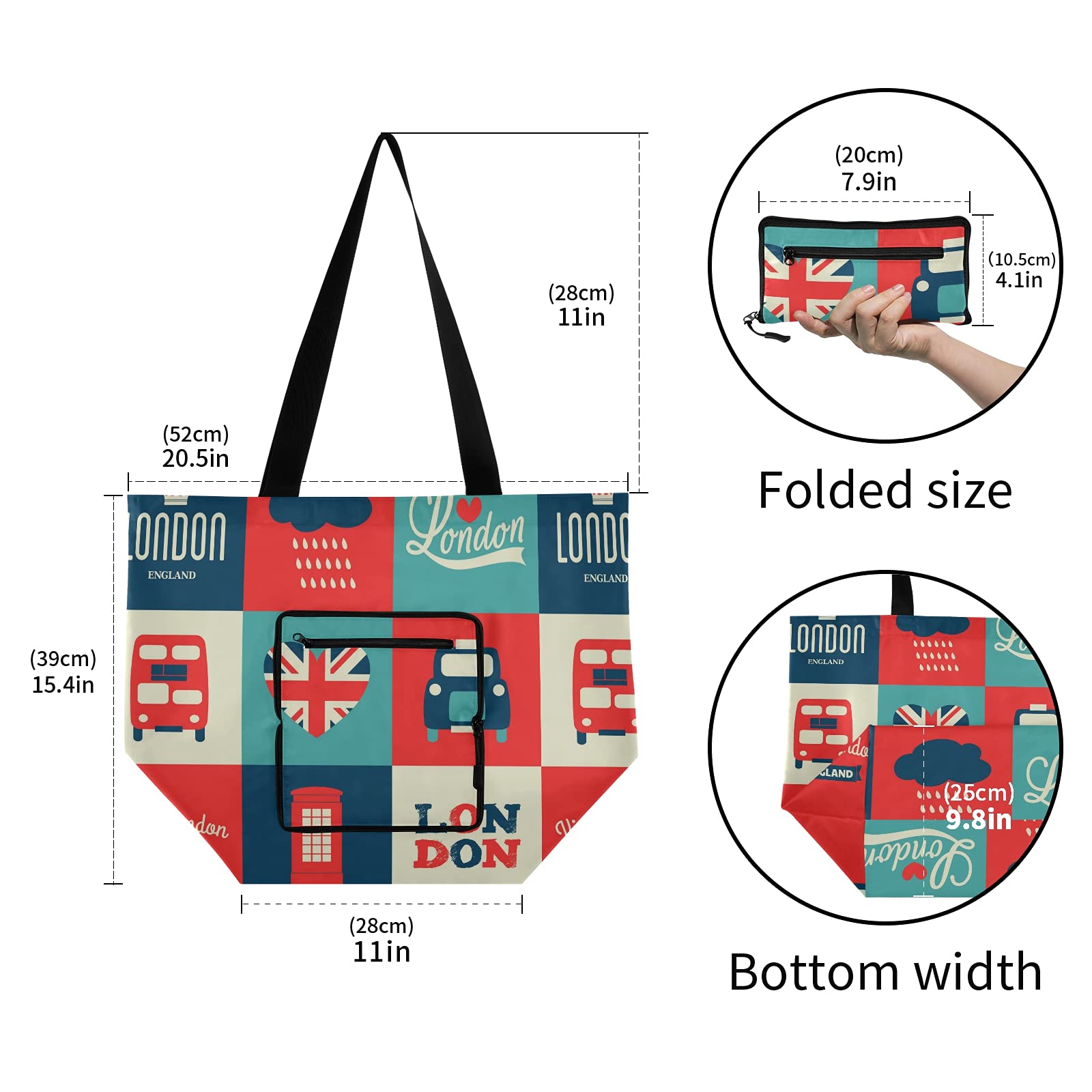 ALAZA Cartoon London British Flag Union Jack Large Reusable Tote Bag - Foldable Lightweight Grocery Shopping Bag with Handles for Women & Men | Perfect for Outdoors, Picnic, Travel, Beach & Daily Use