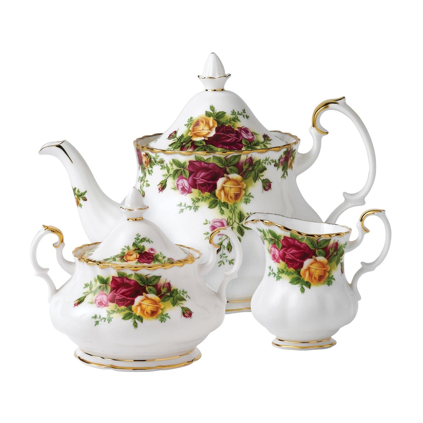 Royal Albert Old Country Roses 3-Piece Tea Set - Porcelain Teapot, Sugar Bowl & Creamer Set, English Floral Design - Perfect for Afternoon Tea, Bridal Showers & Vintage Home Decor