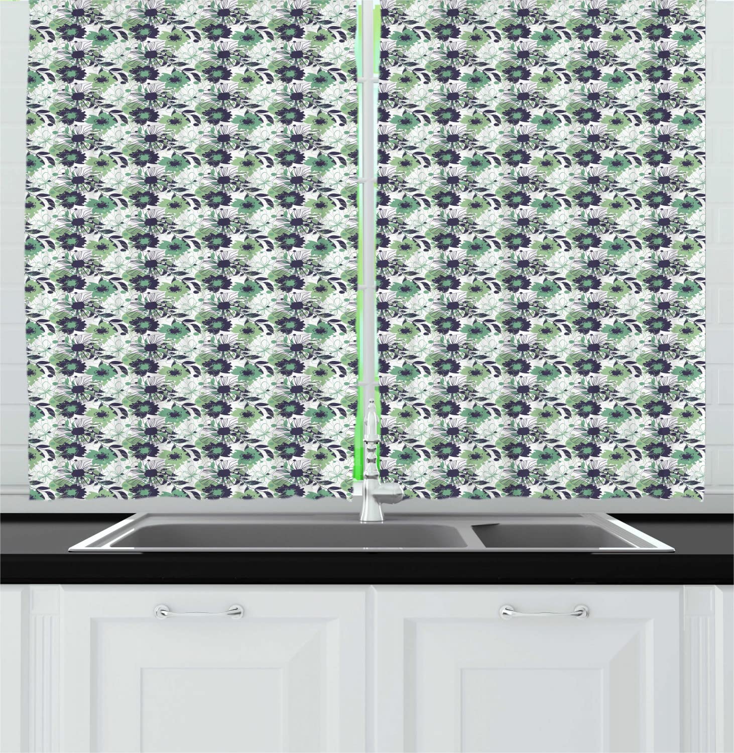 Ambesonne Floral Long Kitchen Curtains - Vintage Style Flowers & Polka Dots Design, 55x45 Inch Rod Pocket Drapes in Sea Green Dark Indigo | Perfect for Farmhouse, Cottage & Romantic Home Decor