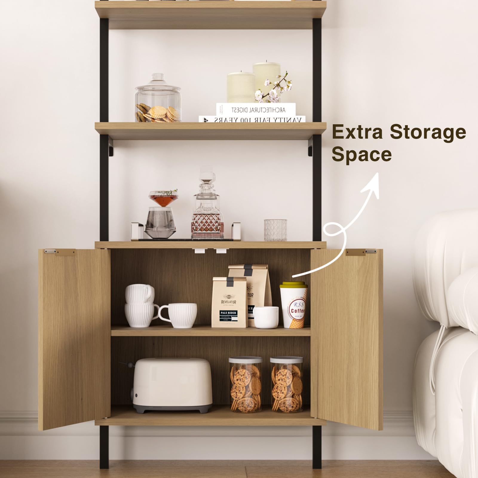 2-Tier Ladder Shelf with Storage Cabinet & Fluted Design - Wall Mount Bookcase with Metal Frame - Space Saving Display Shelves for Living Room, Bedroom, Bathroom & Home Office - Perfect for Organizing Books, Decor & Essentials