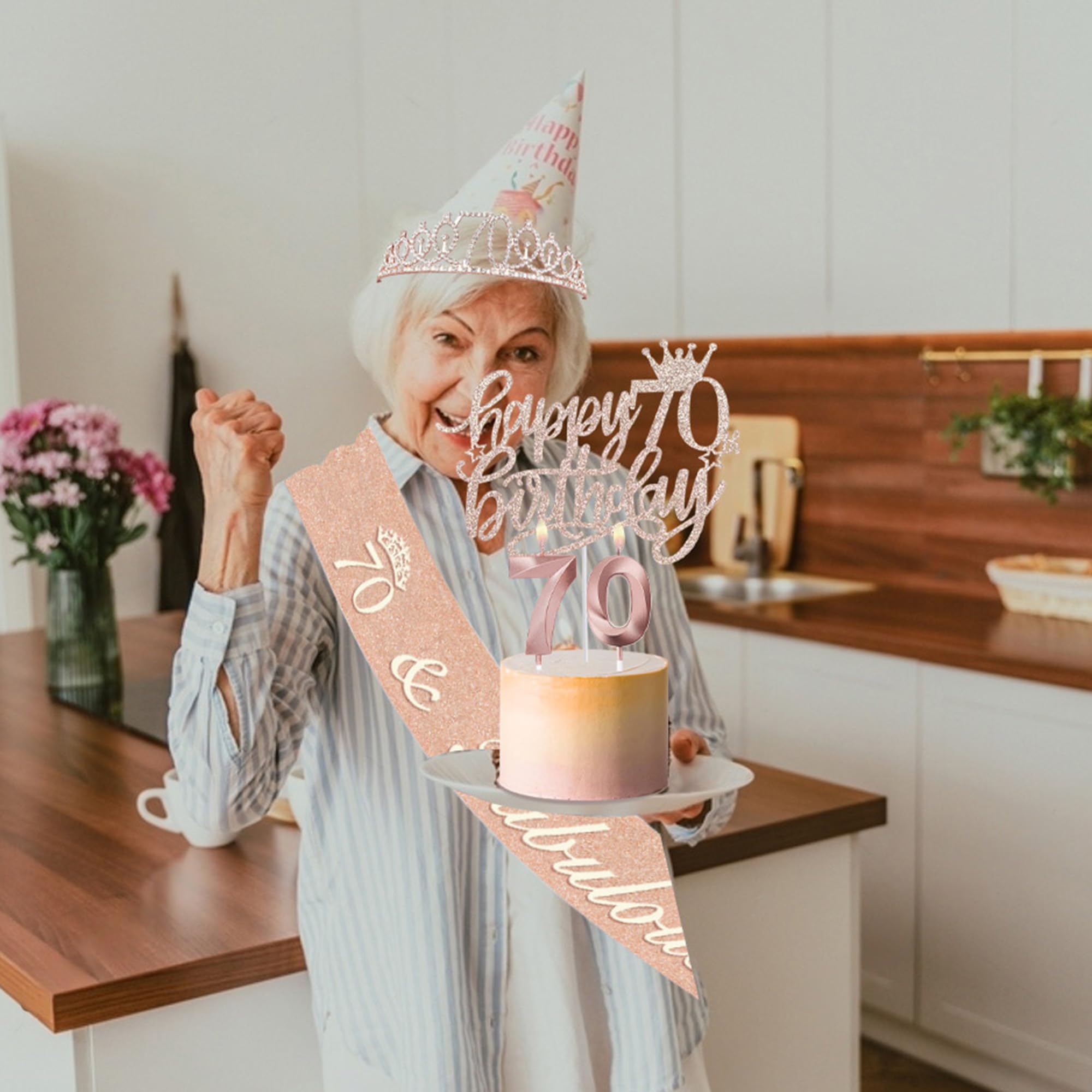 70th Birthday Decorations for Women - Gold Crown/Tiara, Satin Sash, Number 70 Balloon & Candles - Complete Party Set for Milestone Celebrations, Retirement Parties & Grandmother's Special Day