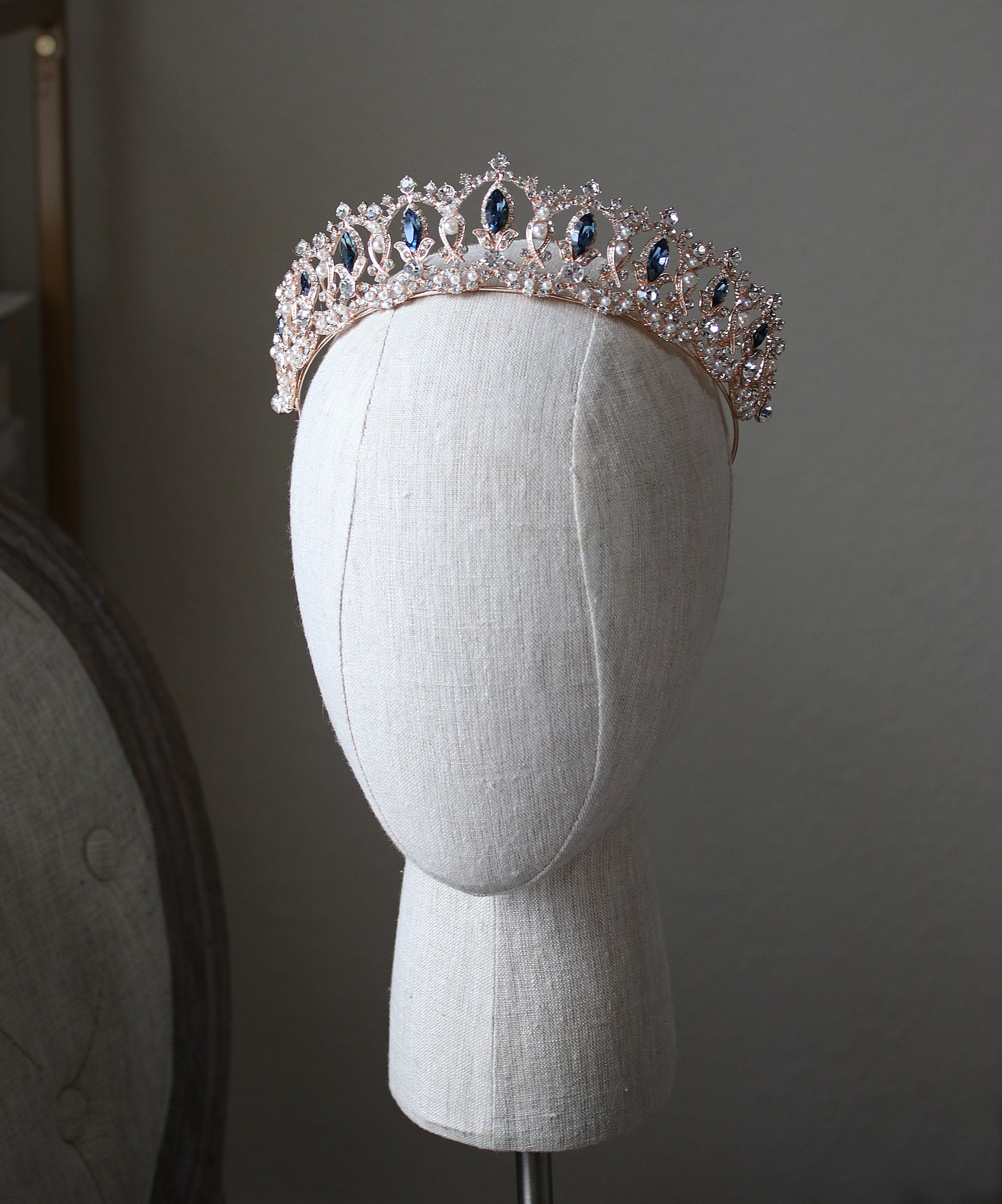 Elegant GRAND SERENA Rose Gold Tiara with London Blue Accent Stones & Pearls - Perfect for Weddings, Prom, Pageants & Special Occasions