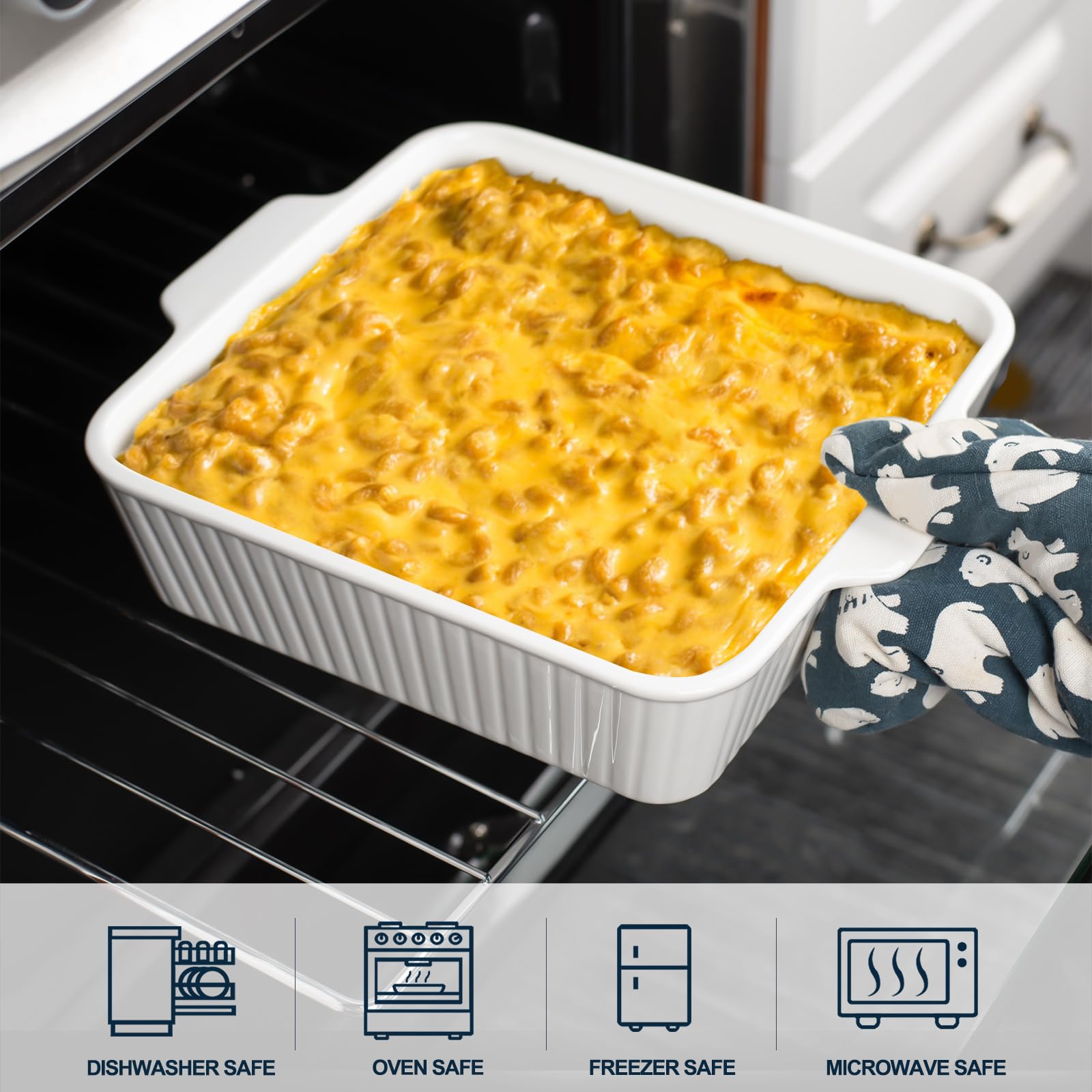10'' Square Ceramic Casserole Baking Dish Set of 2 - Oven, Microwave & Dishwasher Safe Bakeware with Handles - Perfect for Lasagna, Cakes, Casseroles & Family Meals