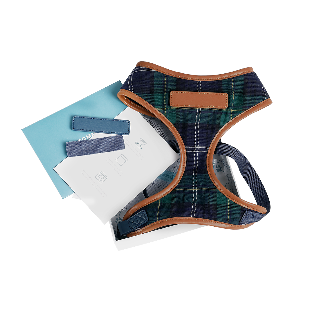 Premium Navy & Green Tartan Pattern Dog Harness - Adjustable Pet Vest for Small Medium Large Dogs - Perfect for Walking, Hiking & Outdoor Adventures