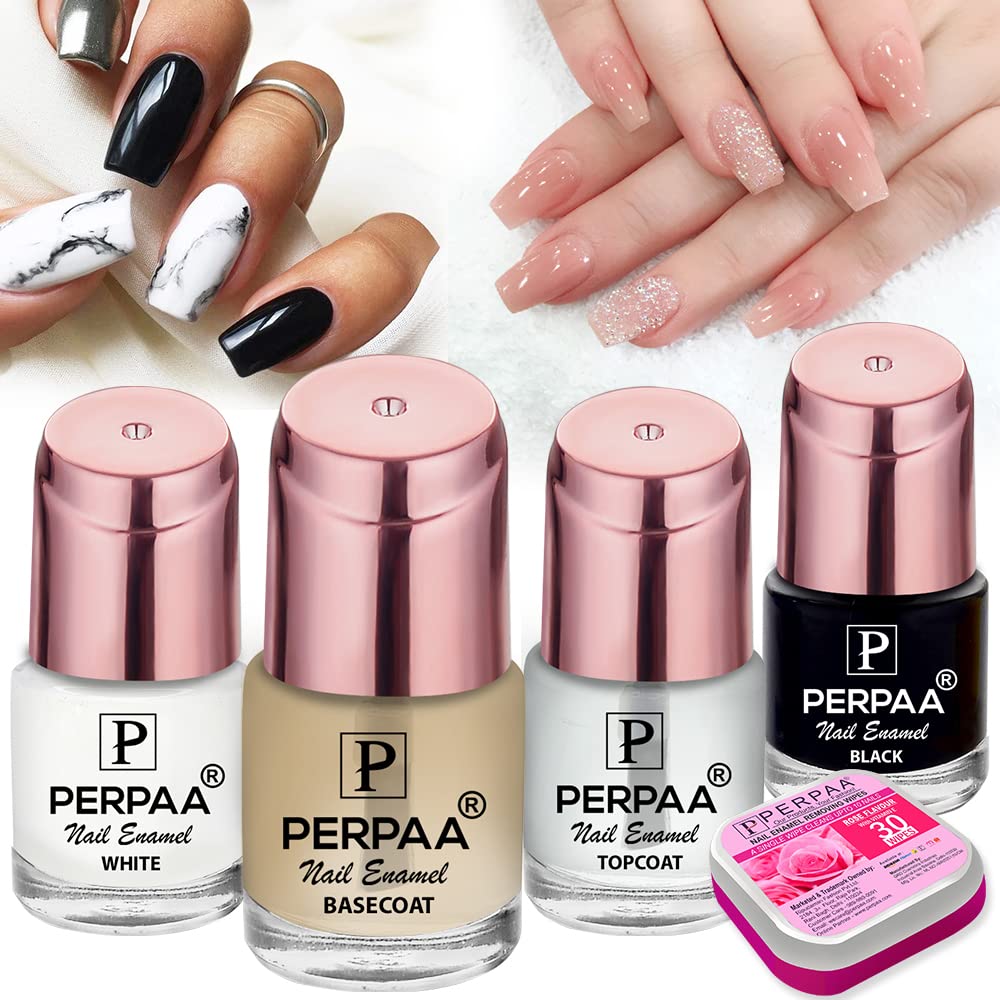 PERPAA® Super Stay Quick-Drying Long-Lasting Gel Nail Polish Set - Base Coat, Top Coat, White & Black Polish (7.5ml Each) with Free Nail Wipes - Perfect for Salon Quality Manicures at Home, Nail Art Designs & Professional Nail Care