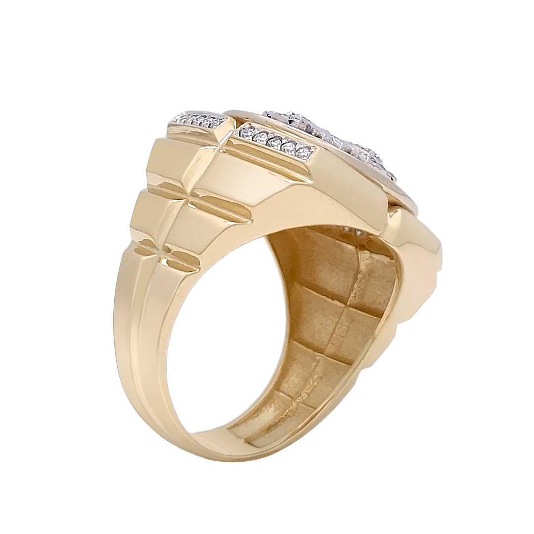 14K Gold Square Men's Christian Signet Ring with 49 Diamonds & Blue Enamel - Religious Jewelry for Baptism, Wedding & Gifts