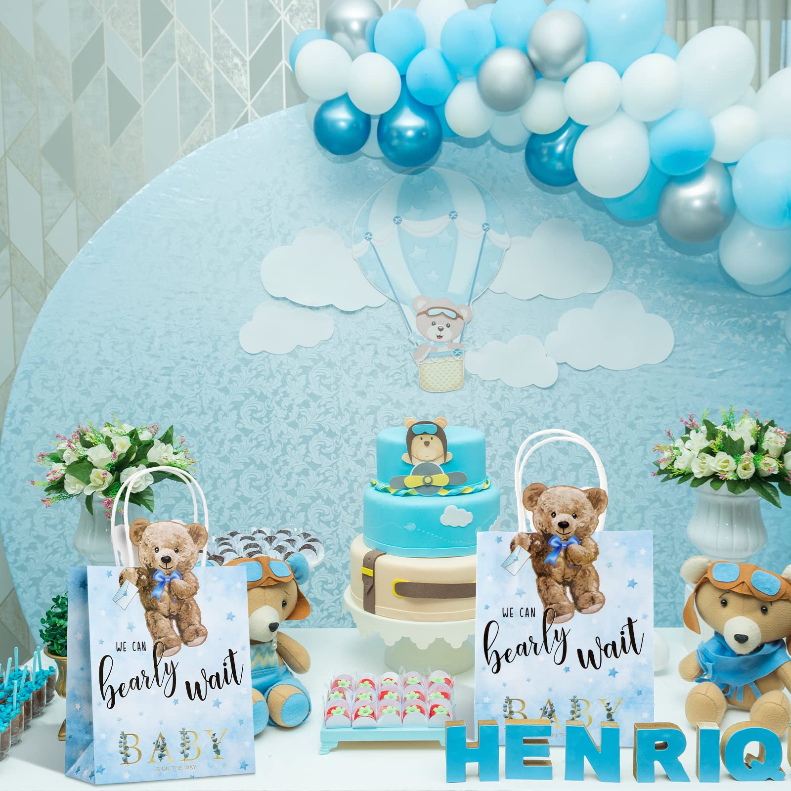 Tinlade 16 Pcs Bear-Themed Baby Shower Gift Bags with Handles | Cute 'We Can Bearly Wait' Baby Shower Party Favors | Perfect for Birthday Parties, Weddings & Game Prizes | Baby Shower Decorations & Celebration Supplies
