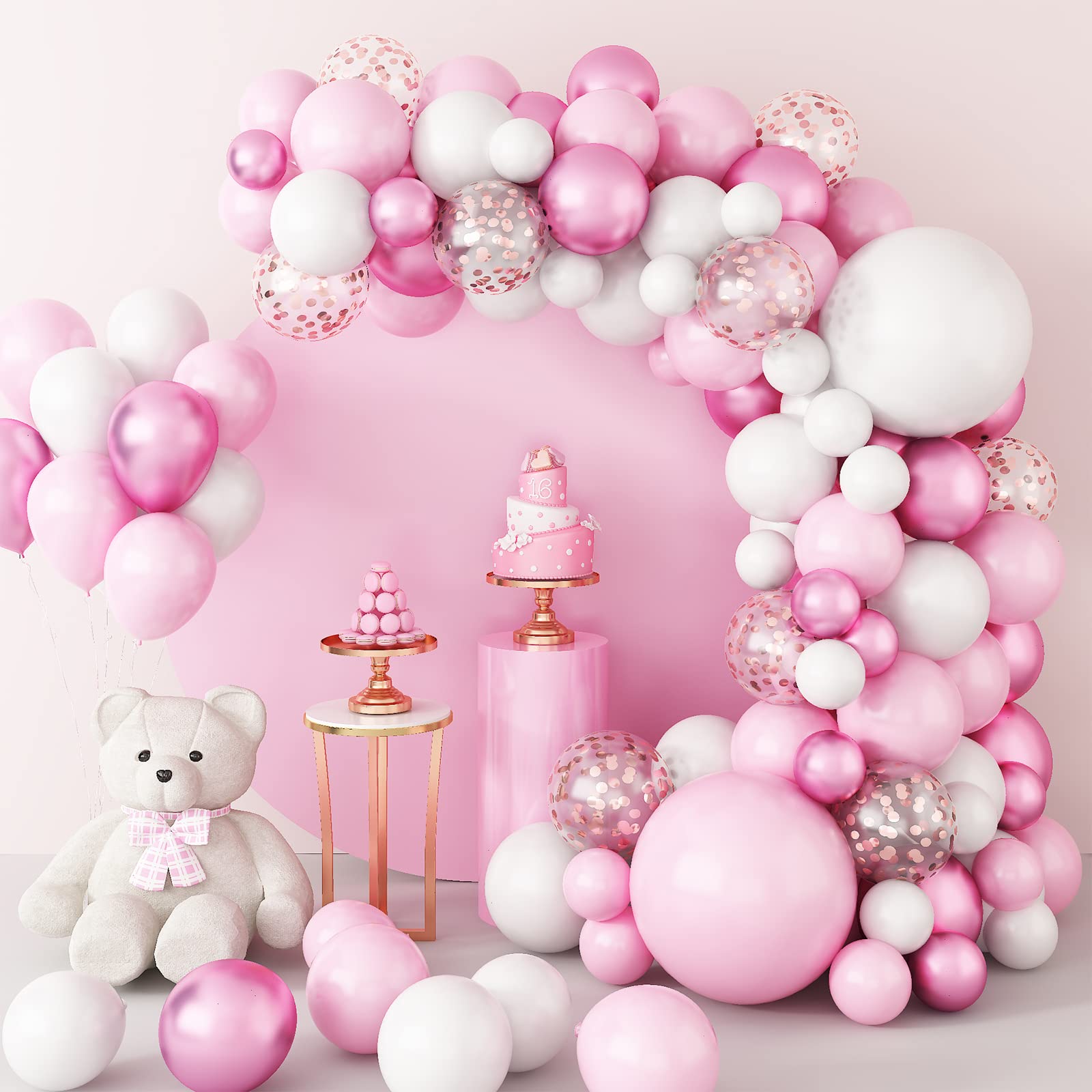 105Pcs Pink & White Metallic Confetti Balloon Garland Arch Kit - Baby Shower, Wedding, Birthday, Graduation, Anniversary, Bachelorette Party Decorations | Perfect for Photo Backdrops, Wall Decor & Party Backgrounds
