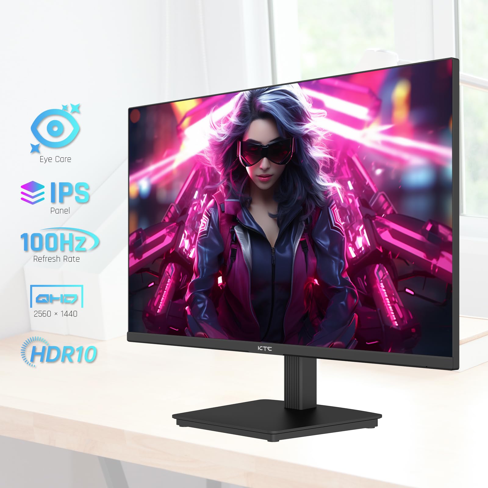24 Inch QHD 2560x1440 IPS Gaming Monitor - 100Hz Refresh Rate, 2K Resolution, Zero-Frame Design, Adaptive Sync, HDR10, VESA Mount, Tilt Adjustable, Low Blue Light (DisplayPort & HDMI) - Perfect for Home Office, PC Gaming & Graphic Design