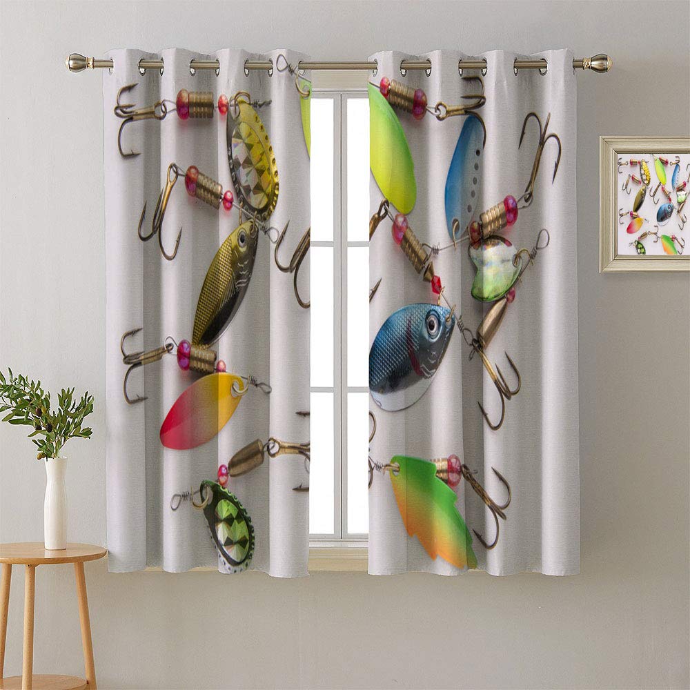 Matamade Thermal Insulated Blackout Curtains with Grommets - Fishing Bait & Spoon Pattern Print, Energy Efficient for Nursery & Playroom (72x72 Inches) - Perfect for Light Blocking, Privacy & Temperature Control in Kids' Rooms & Home Theaters