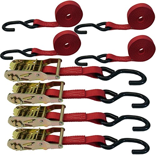 4 Pack 1 Inch Red Ratchet Straps with Coated S Hooks - Heavy Duty Tie Down Straps for Truck, Cargo, Motorcycle & Boat Securing - Durable Webbing Straps for Transport & Storage