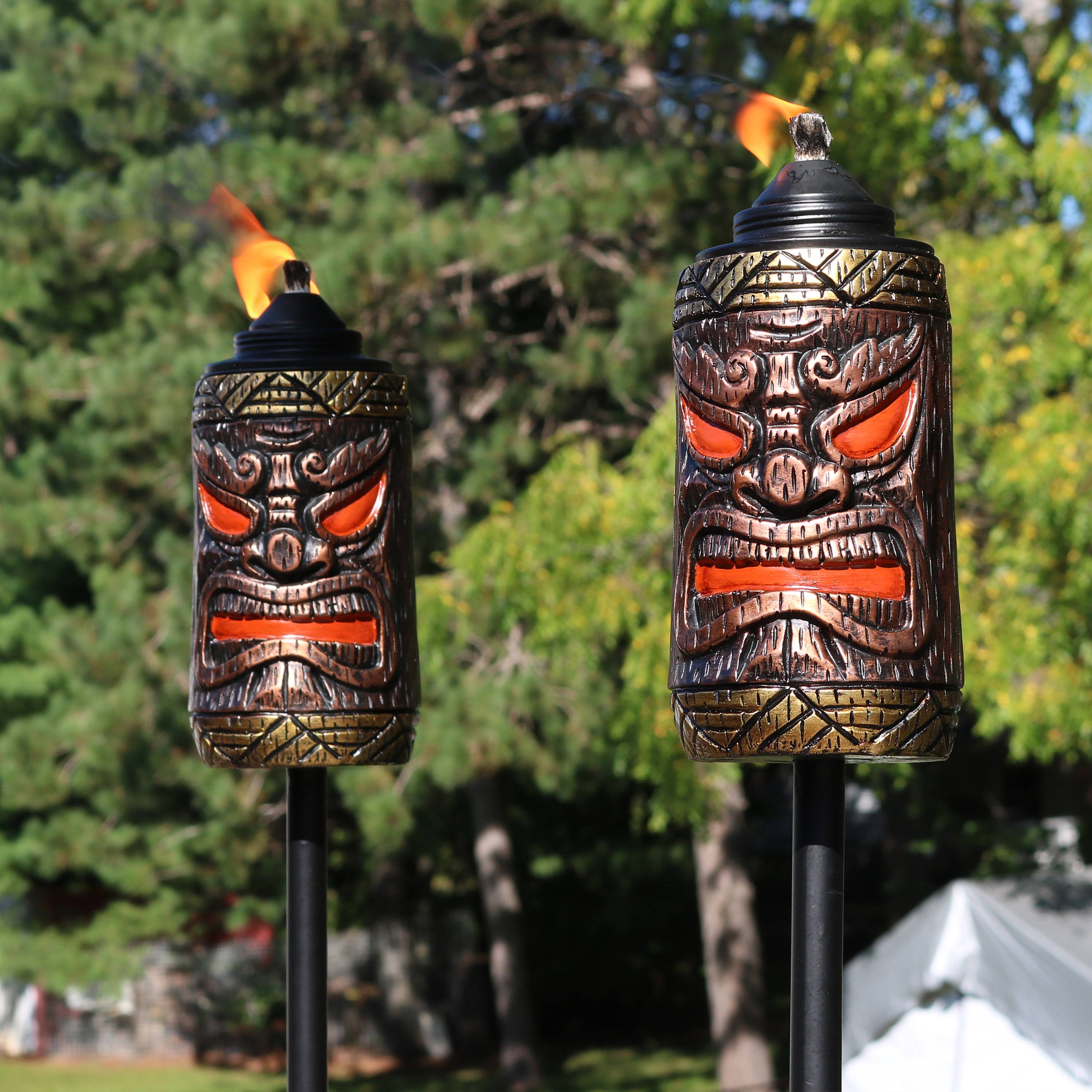 Sunnydaze 3-in-1 Tiki Face Outdoor Patio Torch - Decorative Garden, Backyard, and Poolside Lighting for Tropical Ambiance