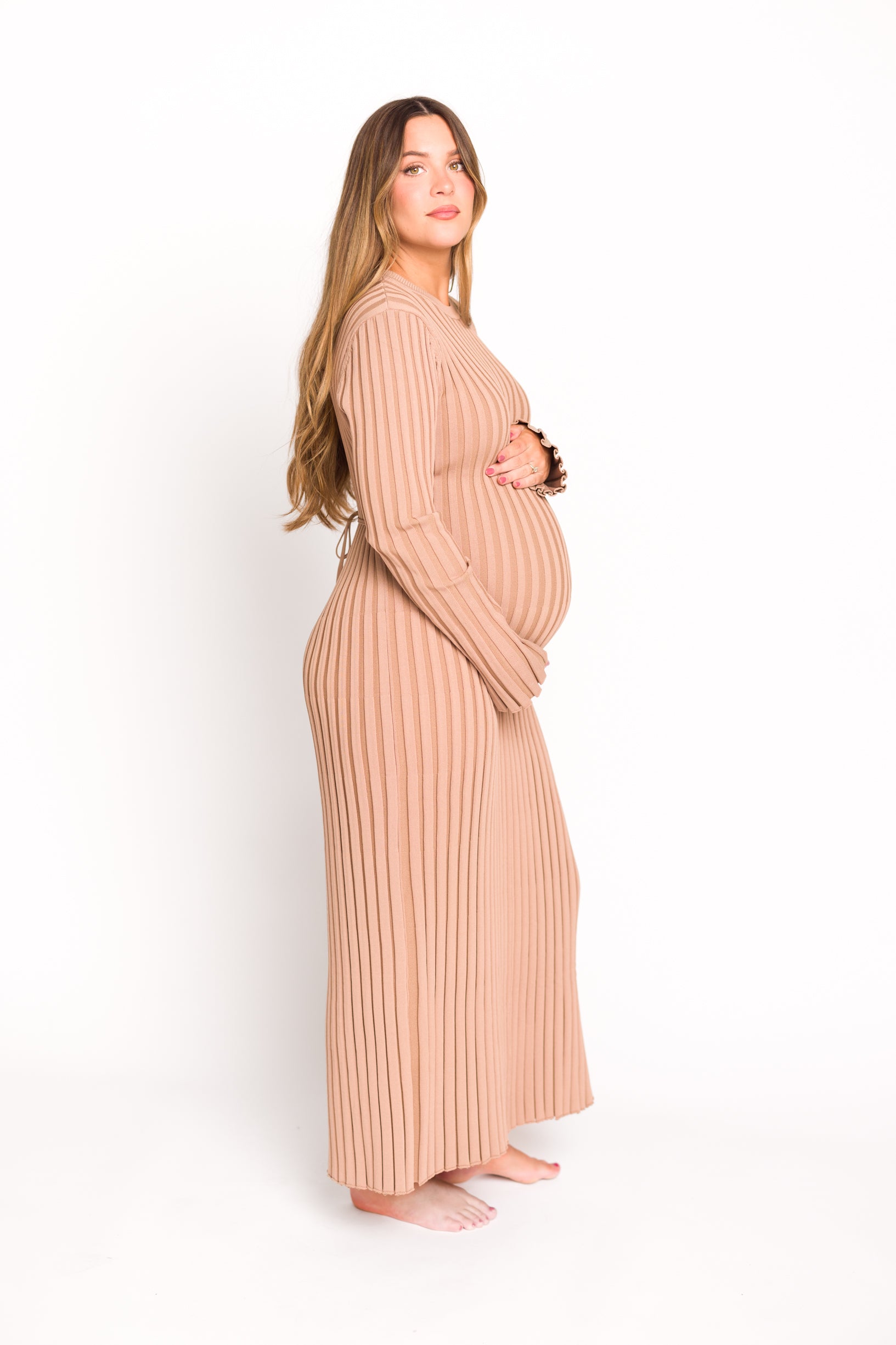 Colette Premium Long Sleeved Ribbed Knit Maxi Dress - Dark Natural | Bump Friendly Maternity Wear | Perfect for Pregnancy, Nursing & Special Occasions