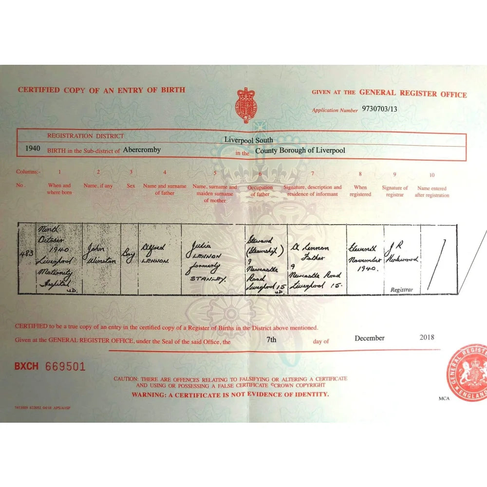 John Lennon Authentic Certified UK Birth Certificate Copy - Beatles Memorabilia for Collectors & Fans - Perfect for Displays, Gifts & Beatles History Enthusiasts